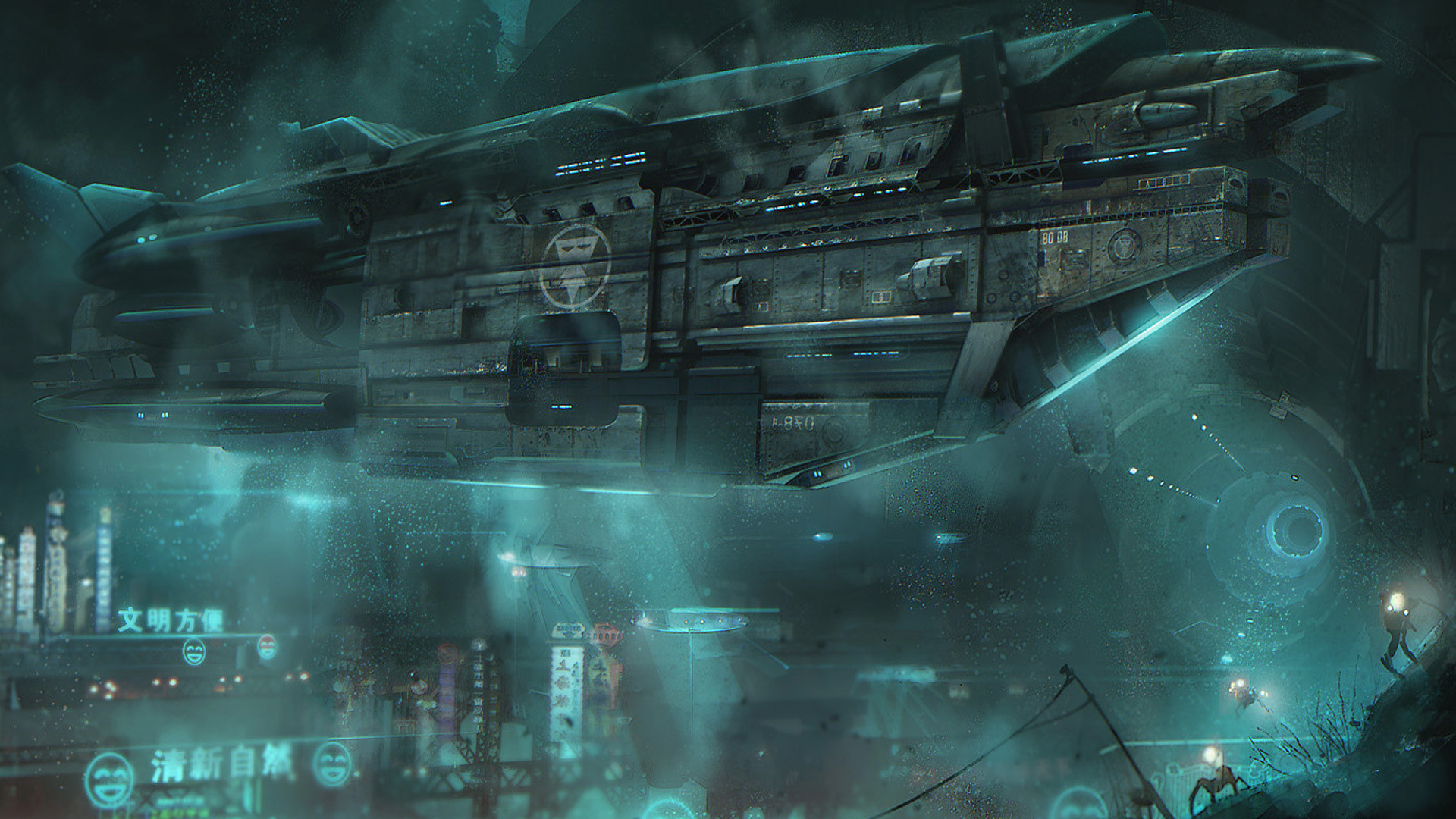 Astronave, Fantascienza, Città futuristica, Toni verde acqua, 1920x1080, sfondo per PC