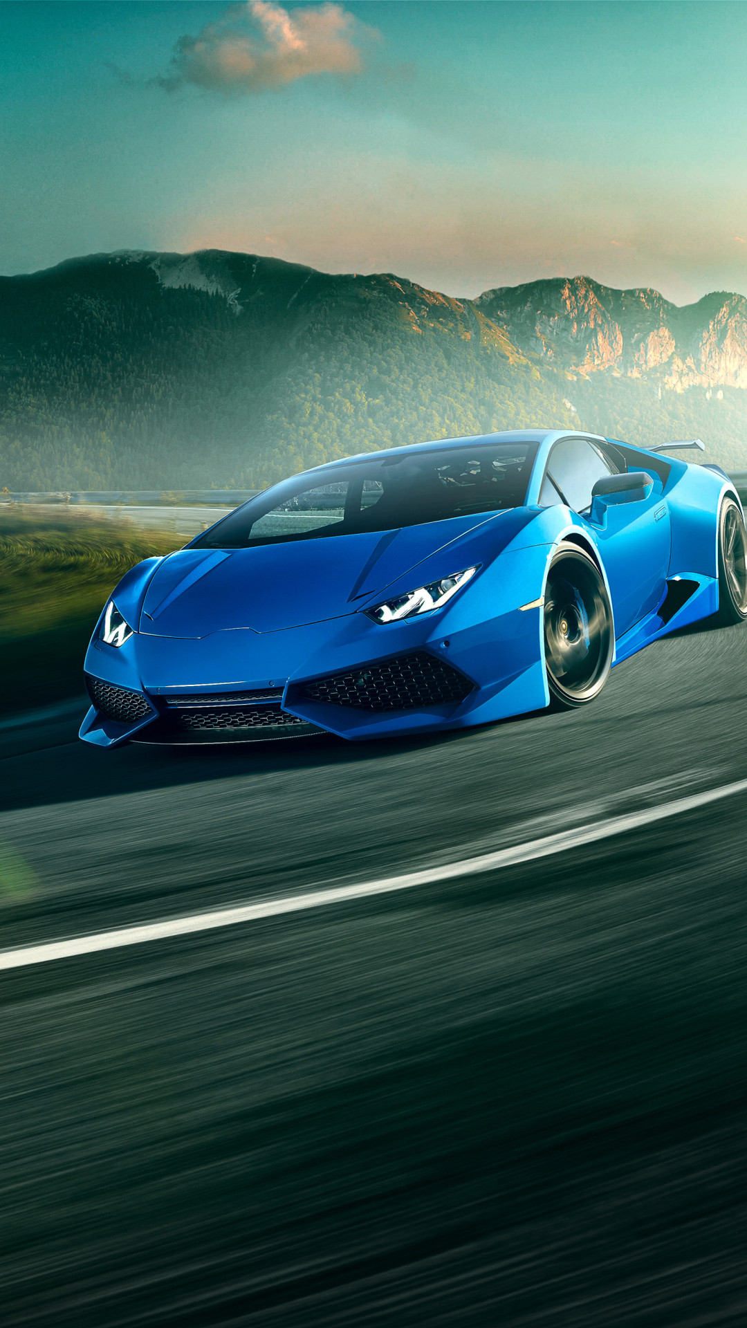 Lamborghini Huracán, Supercar, Blu, Strada, Montagne, Full HD, sfondo per smartphone
