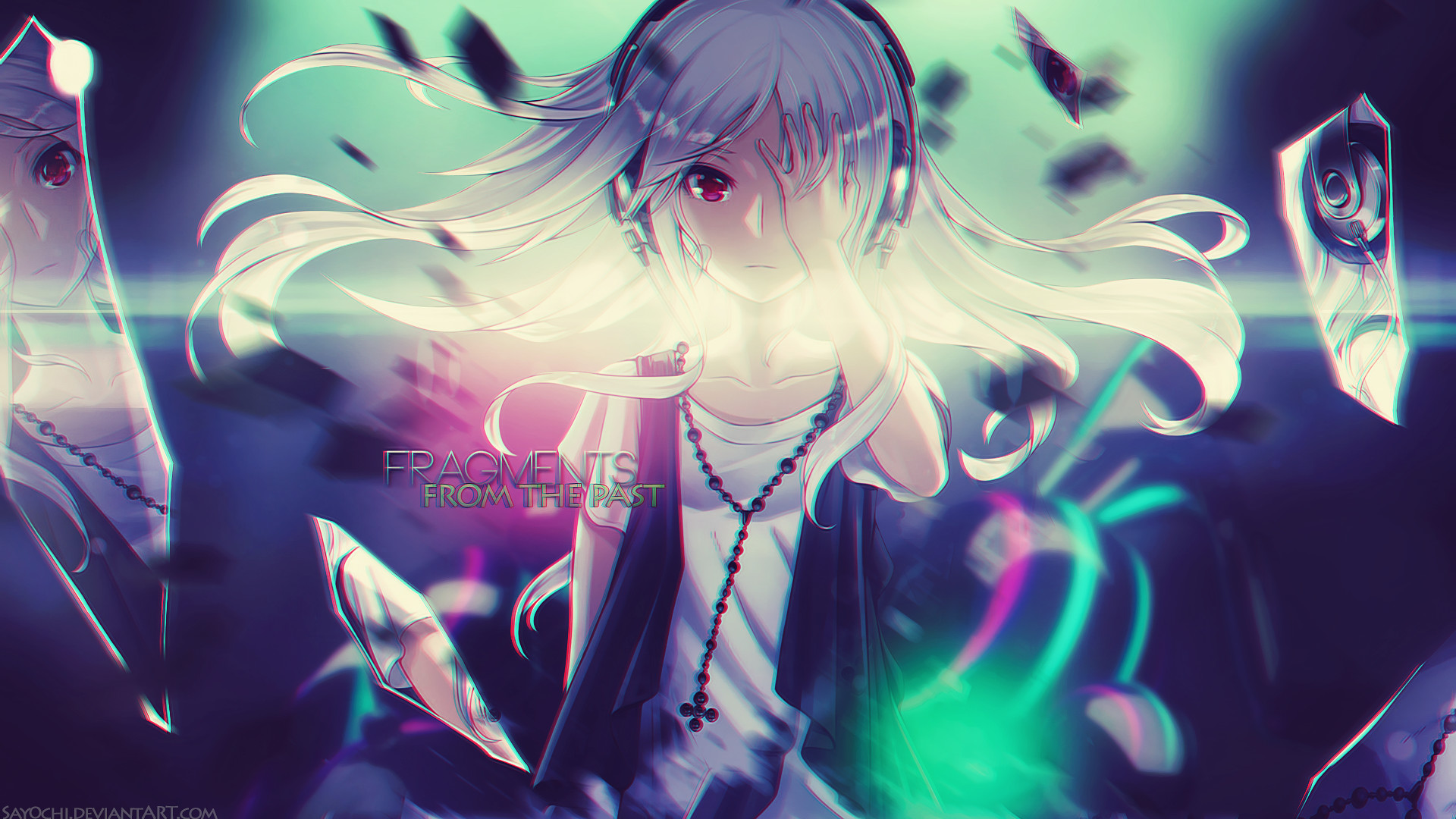 Ragazza anime, Cuffie, Cristalli, Arte digitale, 16:9 Full HD, wallpaper widescreen