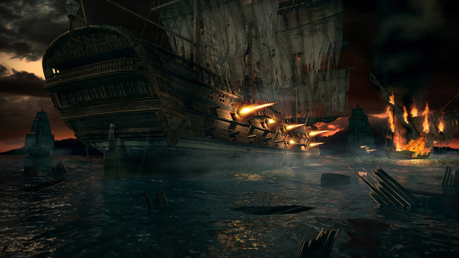 Pirati, Battaglia navale, Galeone, Fuoco, Notte, Full HD, sfondo desktop