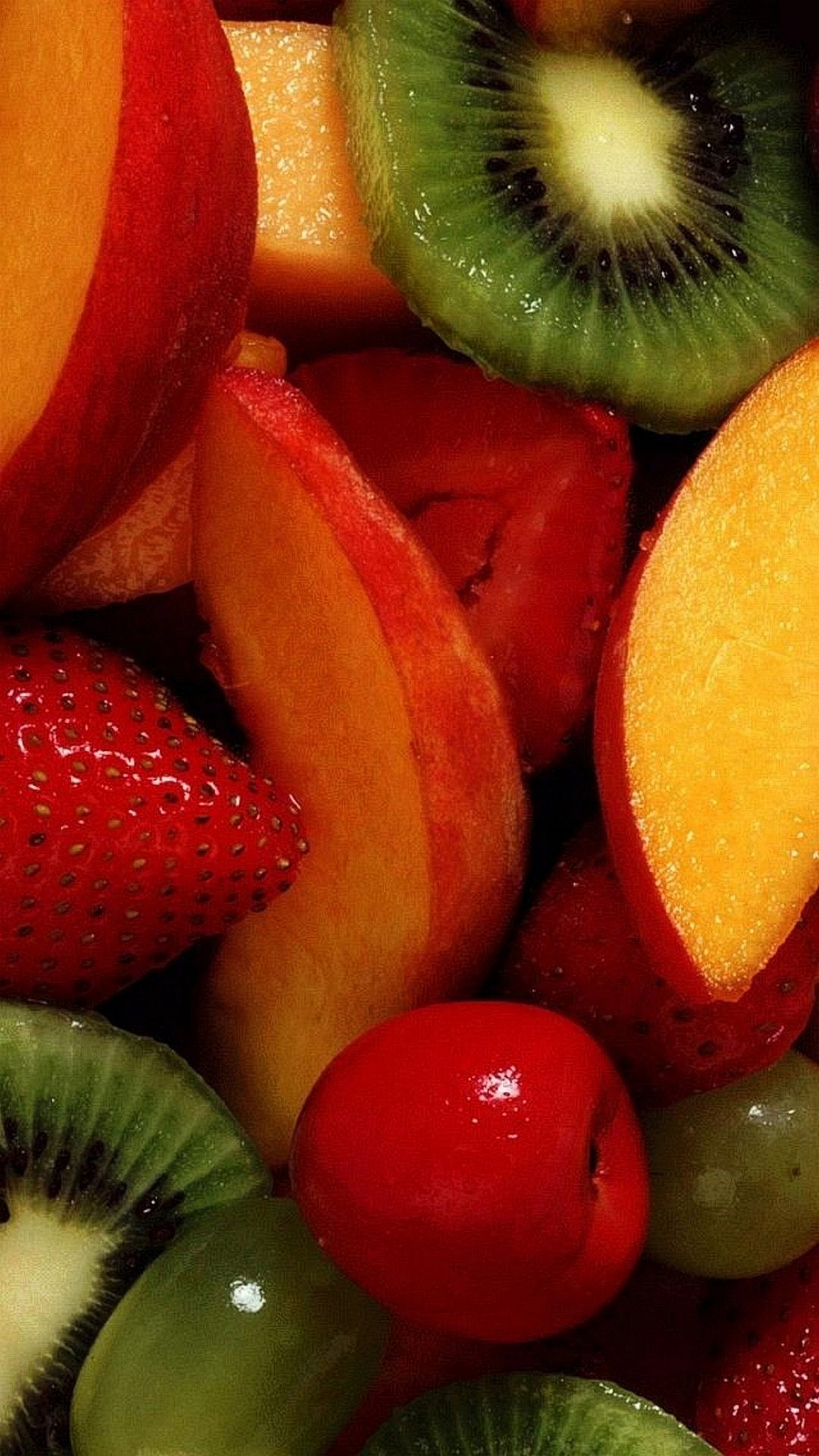 Frutta, Kiwi, Fragole, Pesca, Macedonia, QHD+, sfondo per iPhone e Android