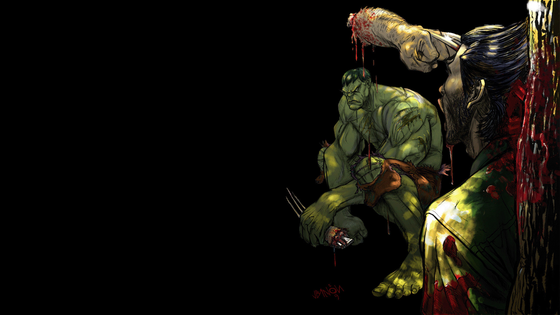 Hulk, Wolverine, Marvel Comics, Combattimento, Sfondo nero, 16:9 Full HD, wallpaper widescreen