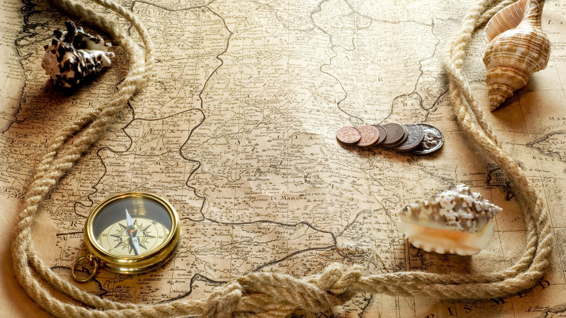 Mappa antica, Bussola, Corda, Conchiglie, Monete, Vintage, 16:9 Full HD, sfondo widescreen