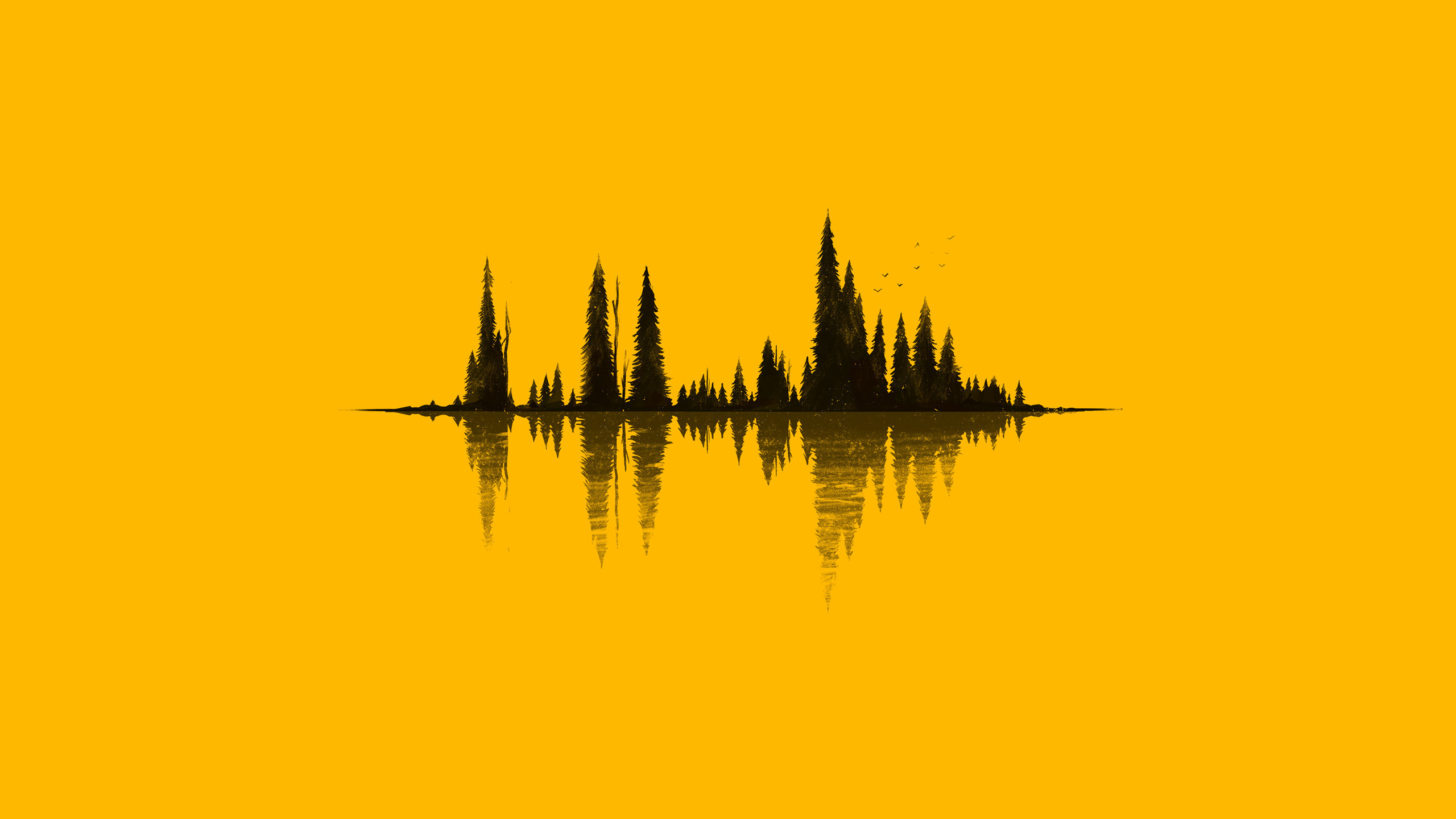 Pini, Riflesso, Sfondo giallo, Minimalismo, 2K, wallpaper per portatile