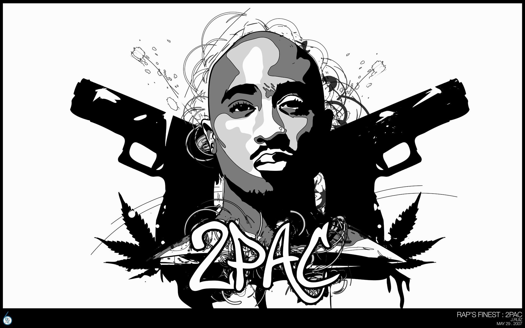 Tupac Shakur, 2Pac, Pistole, Illustrazione, Bianco e nero, 2000x1250, sfondo MacBook Pro