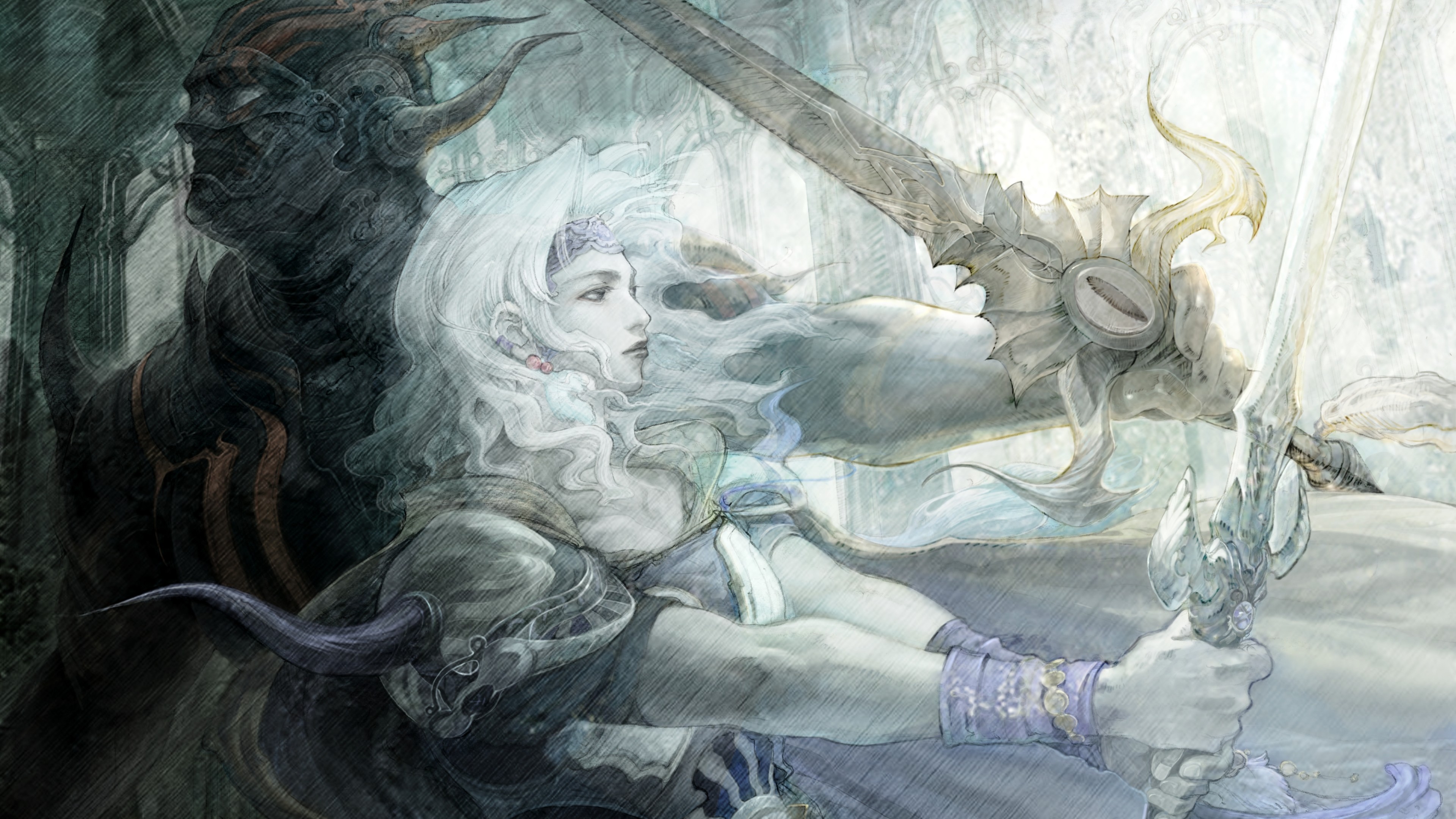 Guerriera, Spada, Illustrazione, Bianco e nero, 16:9 4K, sfondo widescreen