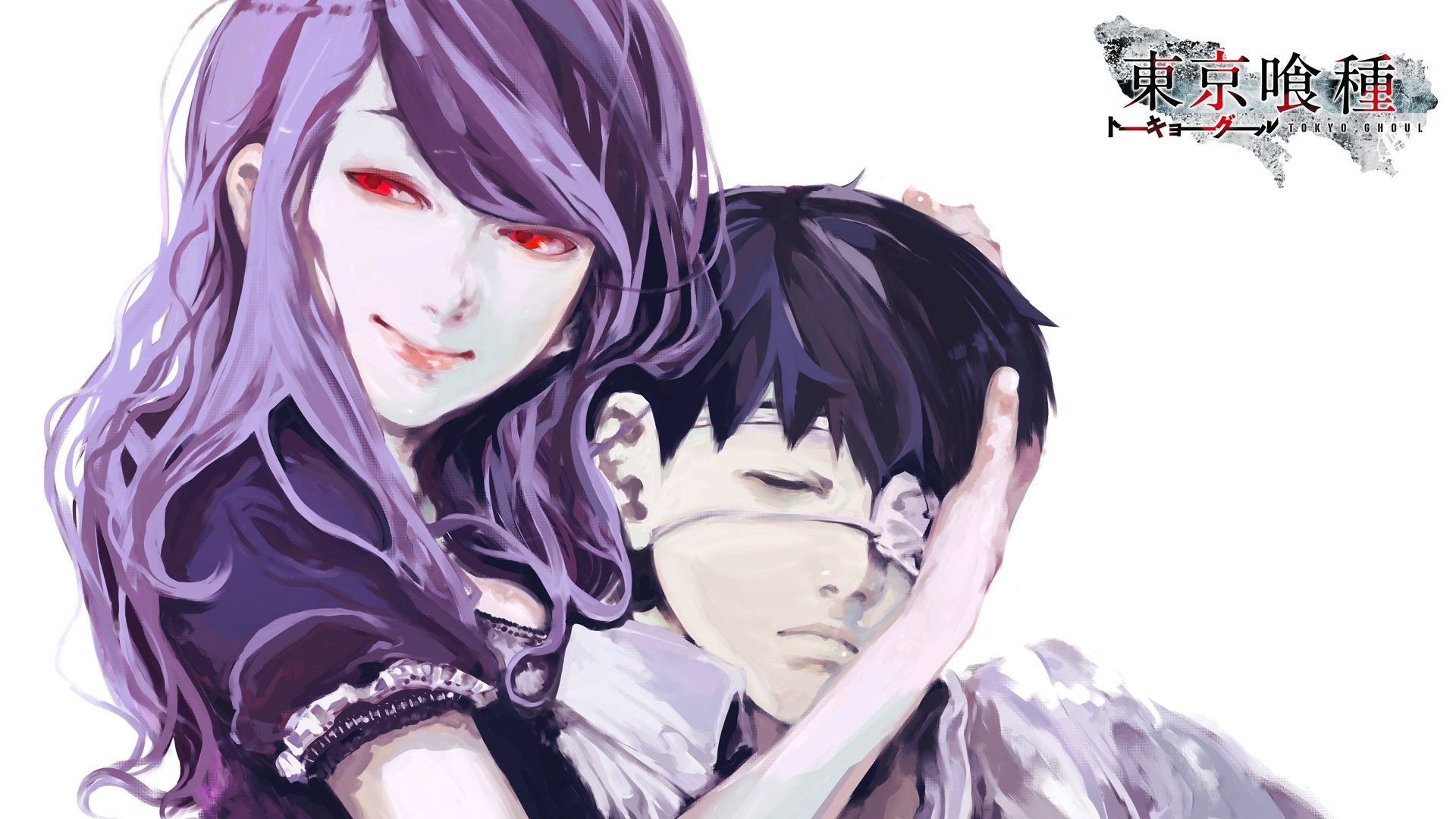 Ken Kaneki, Rize Kamishiro, Tokyo Ghoul, Logo, Abbraccio, Full HD, sfondo per PC