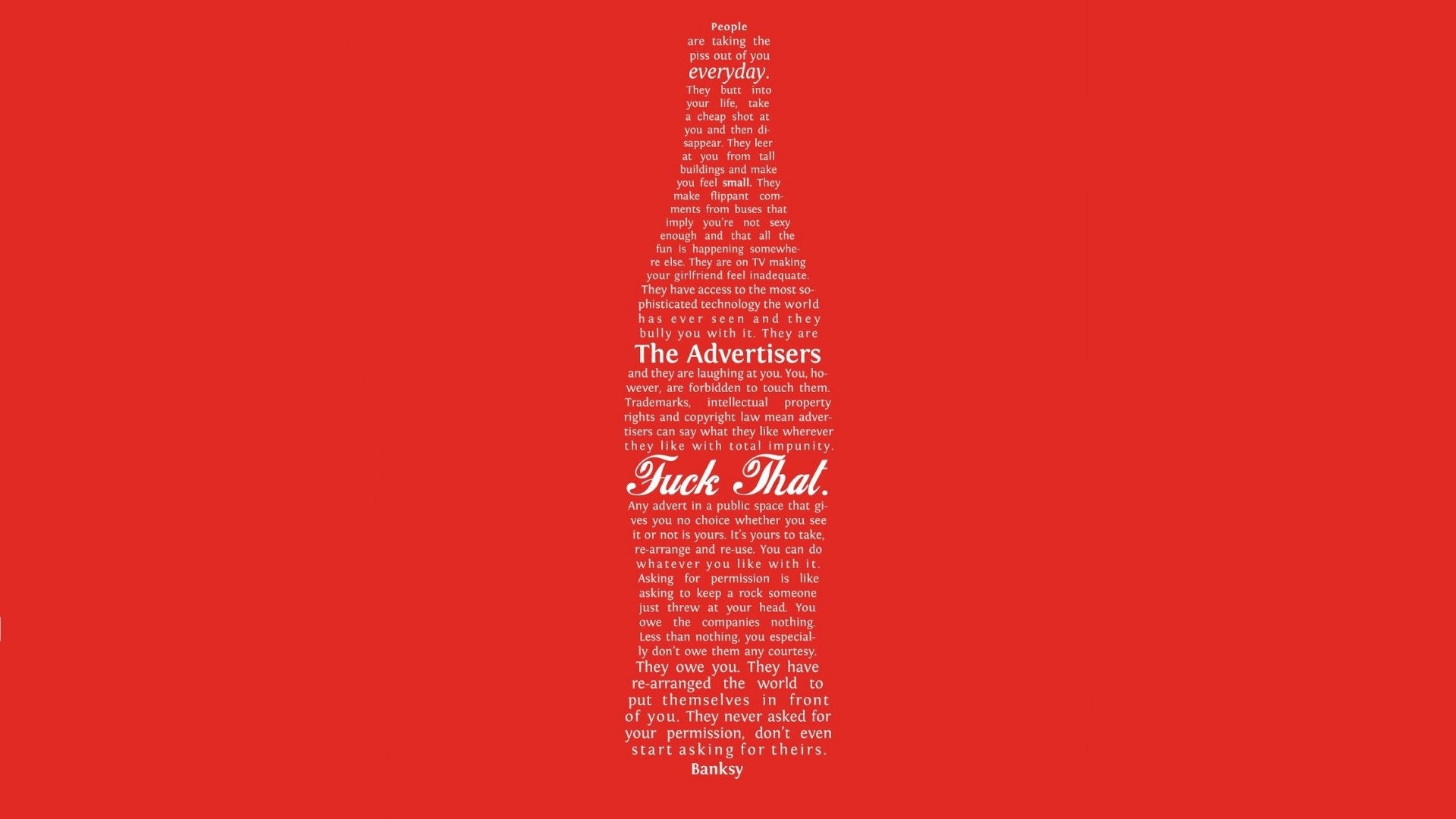 Banksy, Citazione, Bottiglia, Sfondo rosso, 1920x1080, wallpaper desktop