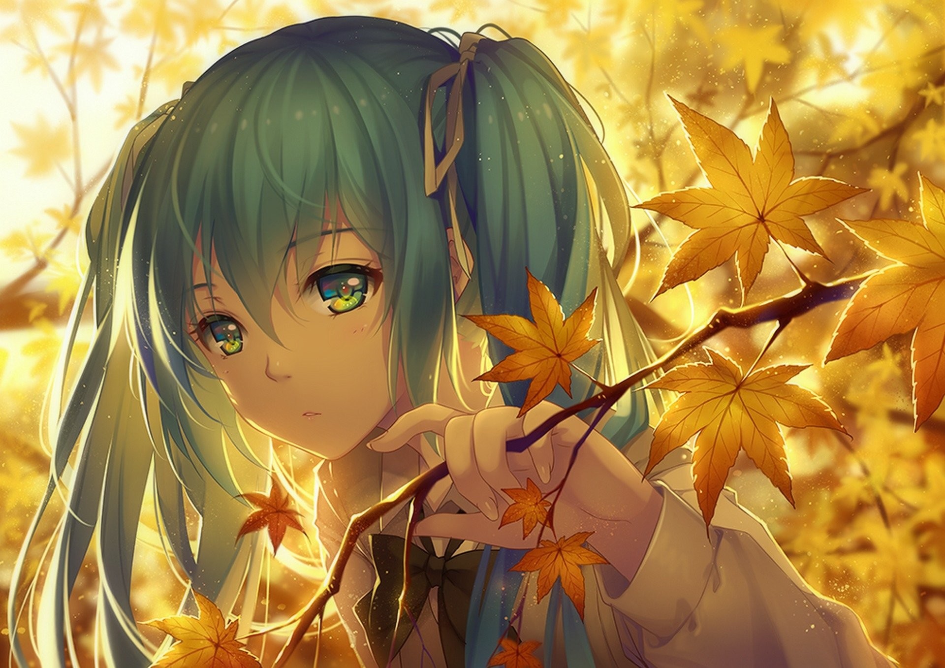 Hatsune Miku, Vocaloid, Foglie d'acero, Autunno, Giallo, Full HD, sfondo Windows 11