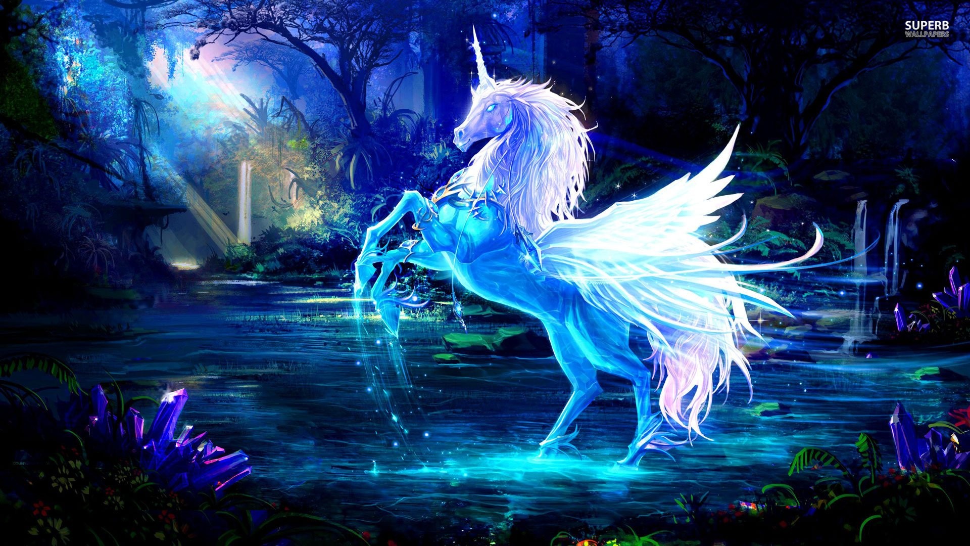 Pegaso, Unicorno alato, Lago, Foresta, Fantasy, Full HD, sfondo Windows 11