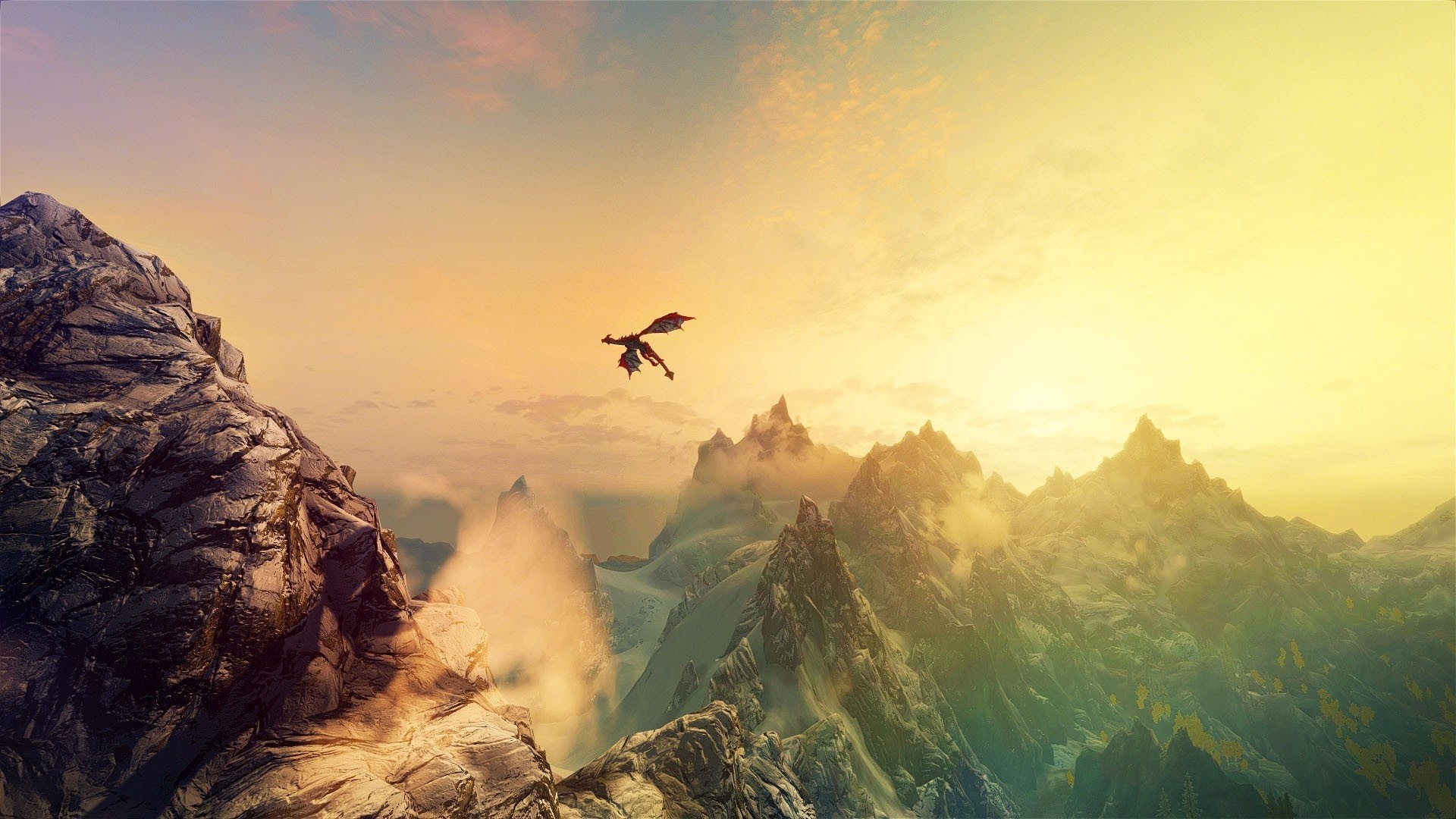 The Elder Scrolls V: Skyrim, Drago, Montagne, Alba, 16:9 Full HD, sfondo widescreen
