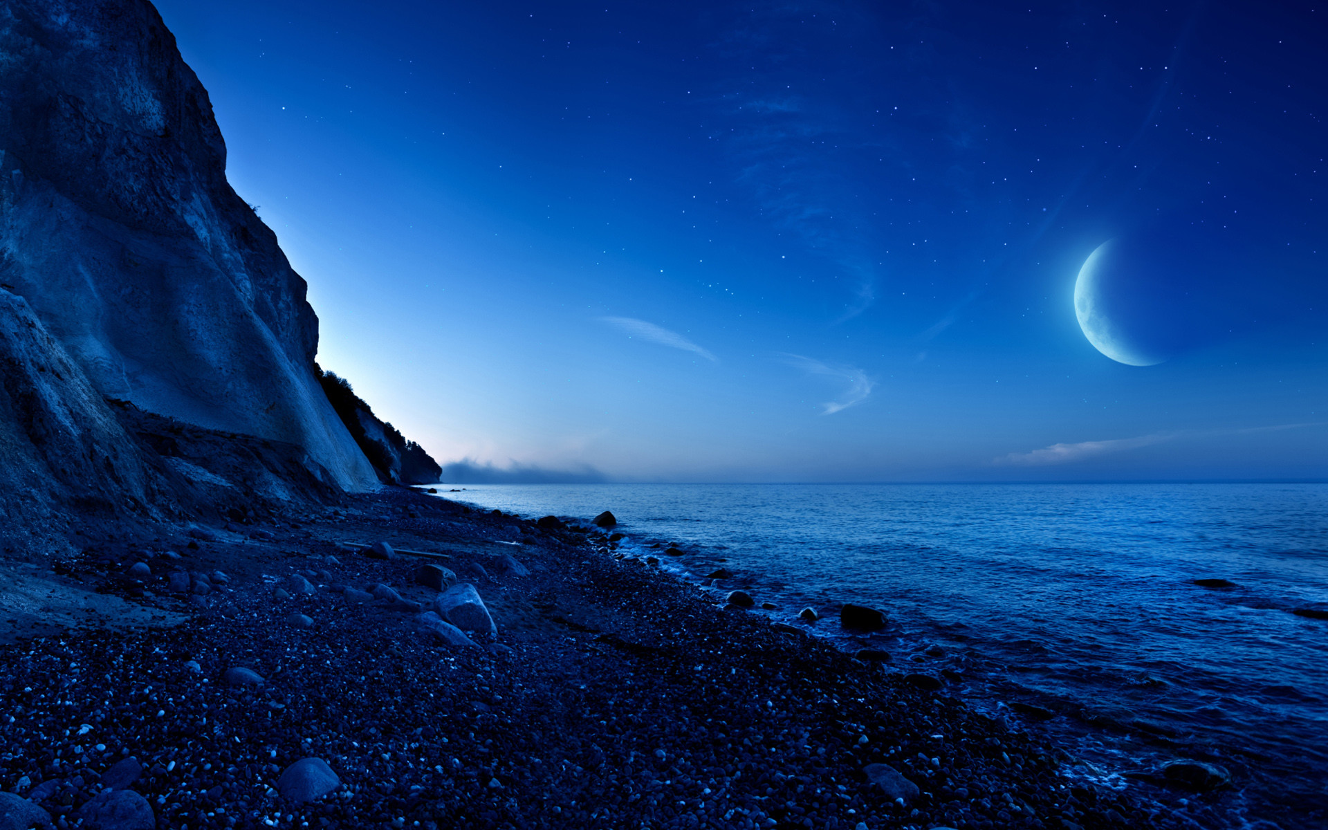 Luna crescente, Spiaggia, Scogliera, Crepuscolo, Blu, 1920x1200, sfondo per PC
