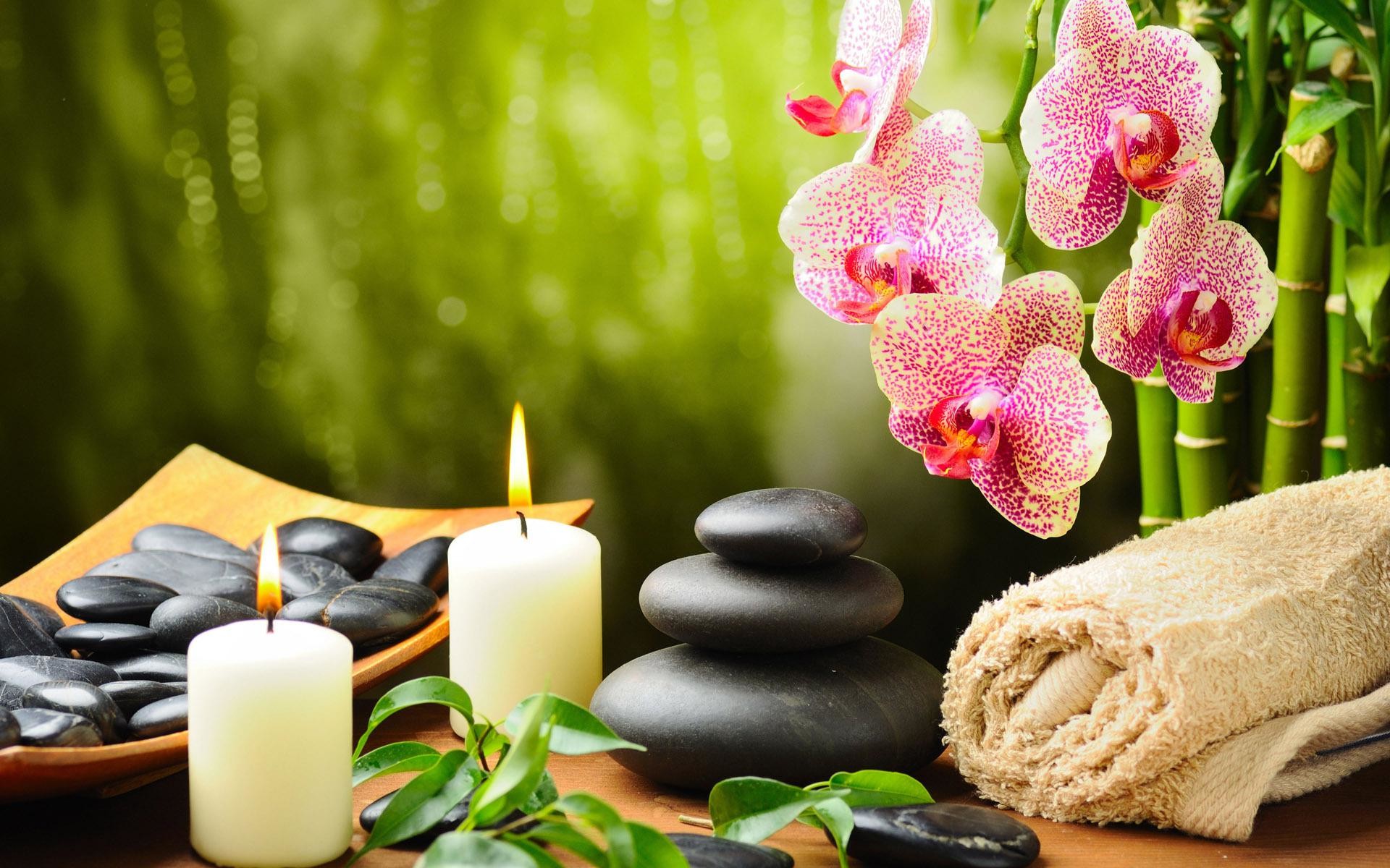 Spa, Orchidee, Candele, Pietre nere, Bambù, sfondo Full HD per desktop