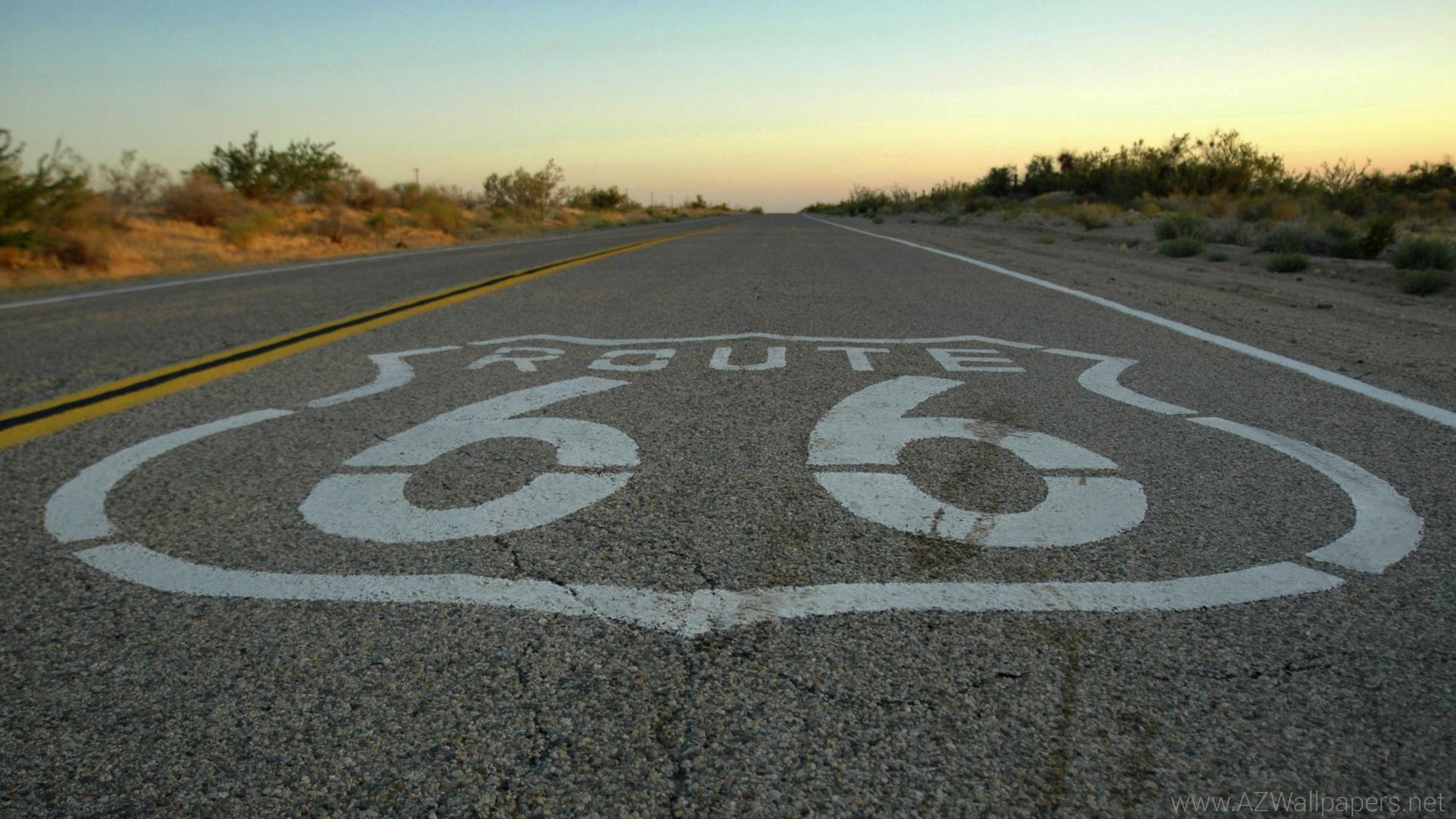 Route 66, Segnaletica orizzontale, Asfalto, Tramonto, Strada, 4K, sfondo per PC
