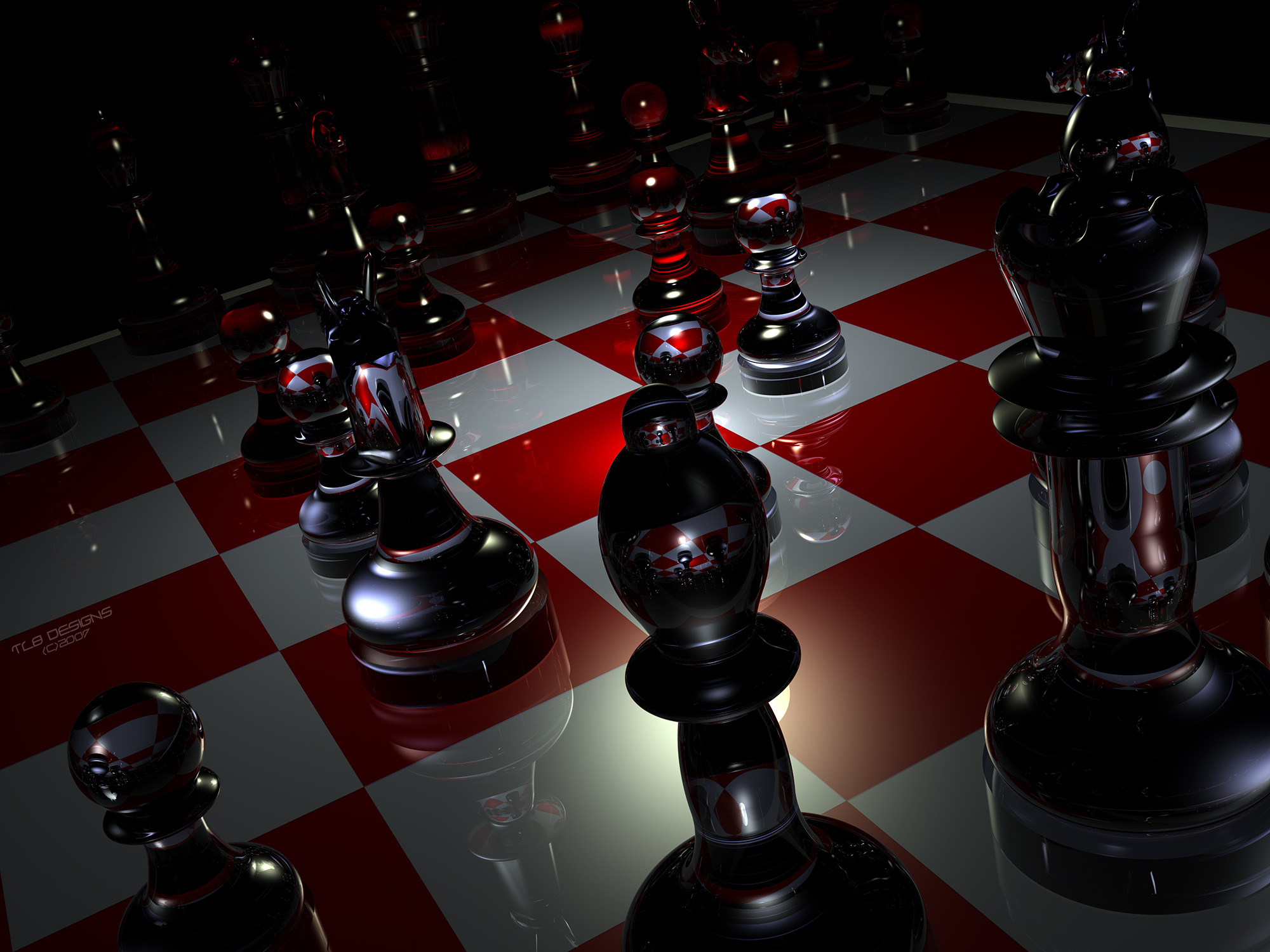 Pezzi neri, Scacchiera rossa, Riflessi, Rendering 3D, Full HD, schermata di blocco iPad