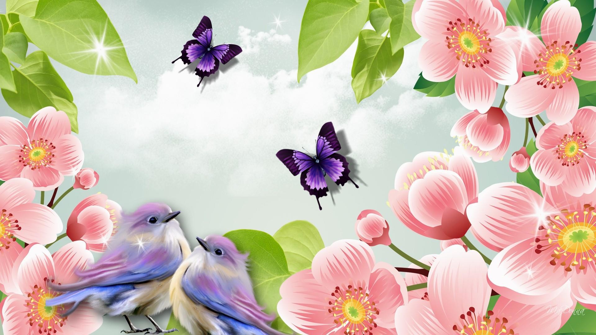 Uccellini, Farfalle, Fiori rosa, Illustrazione, Full HD, sfondo Windows 11
