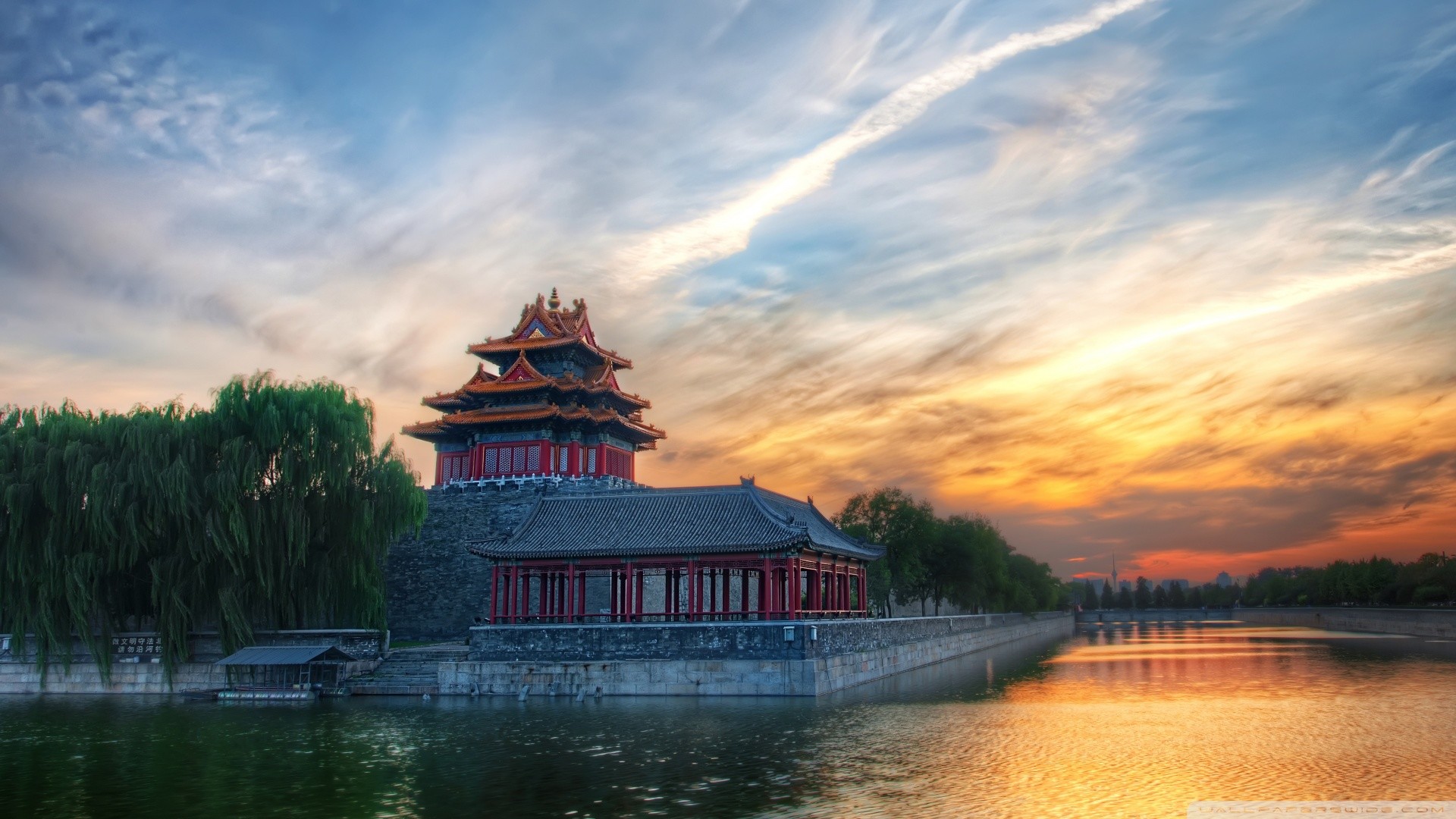 Città Proibita, Torre d'angolo, Pechino, Cina, Fossato, Tramonto, sfondo Full HD per portatile
