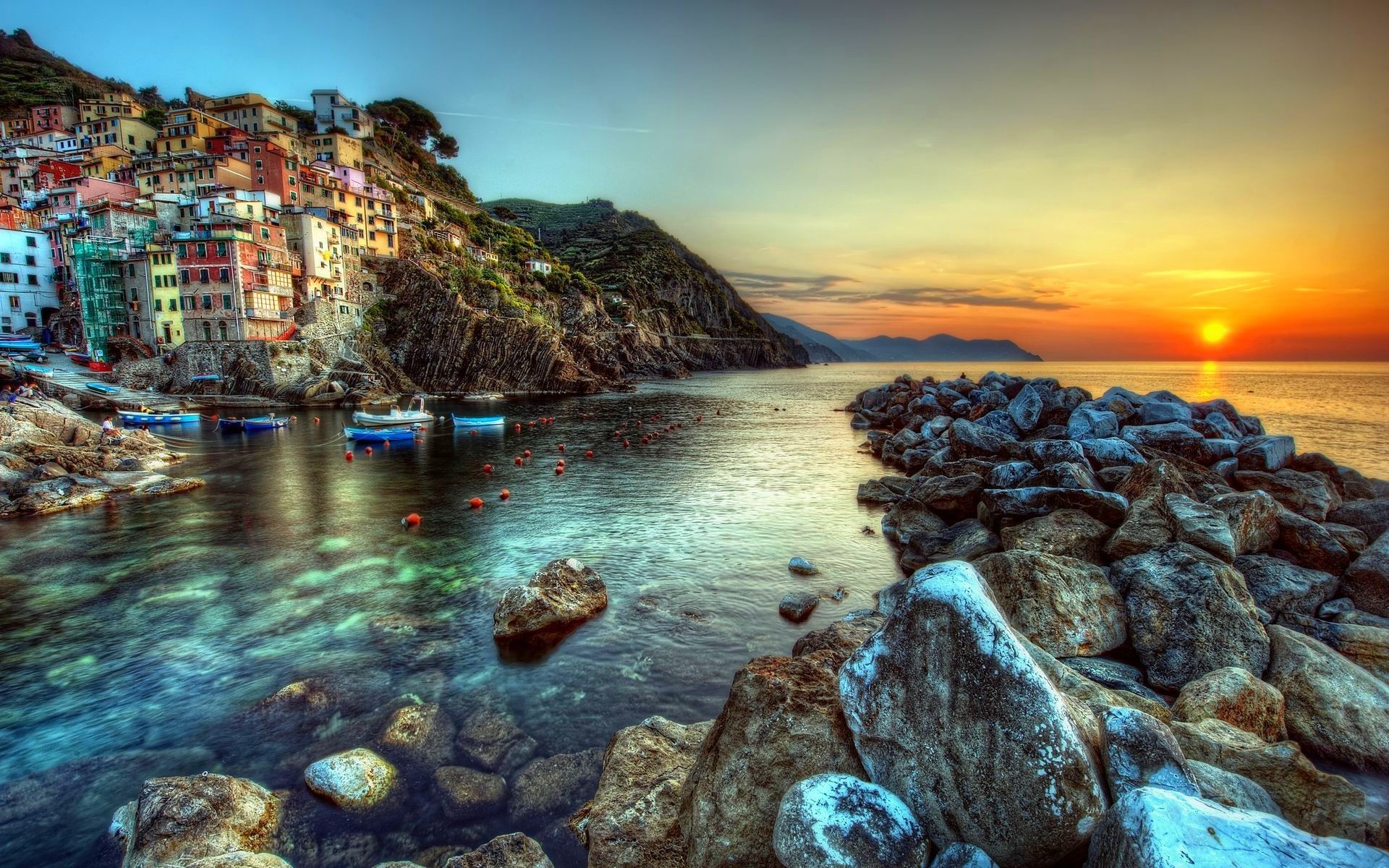 Riomaggiore, Cinque Terre, Tramonto, Scogli, 1920x1200, immagine di sfondo
