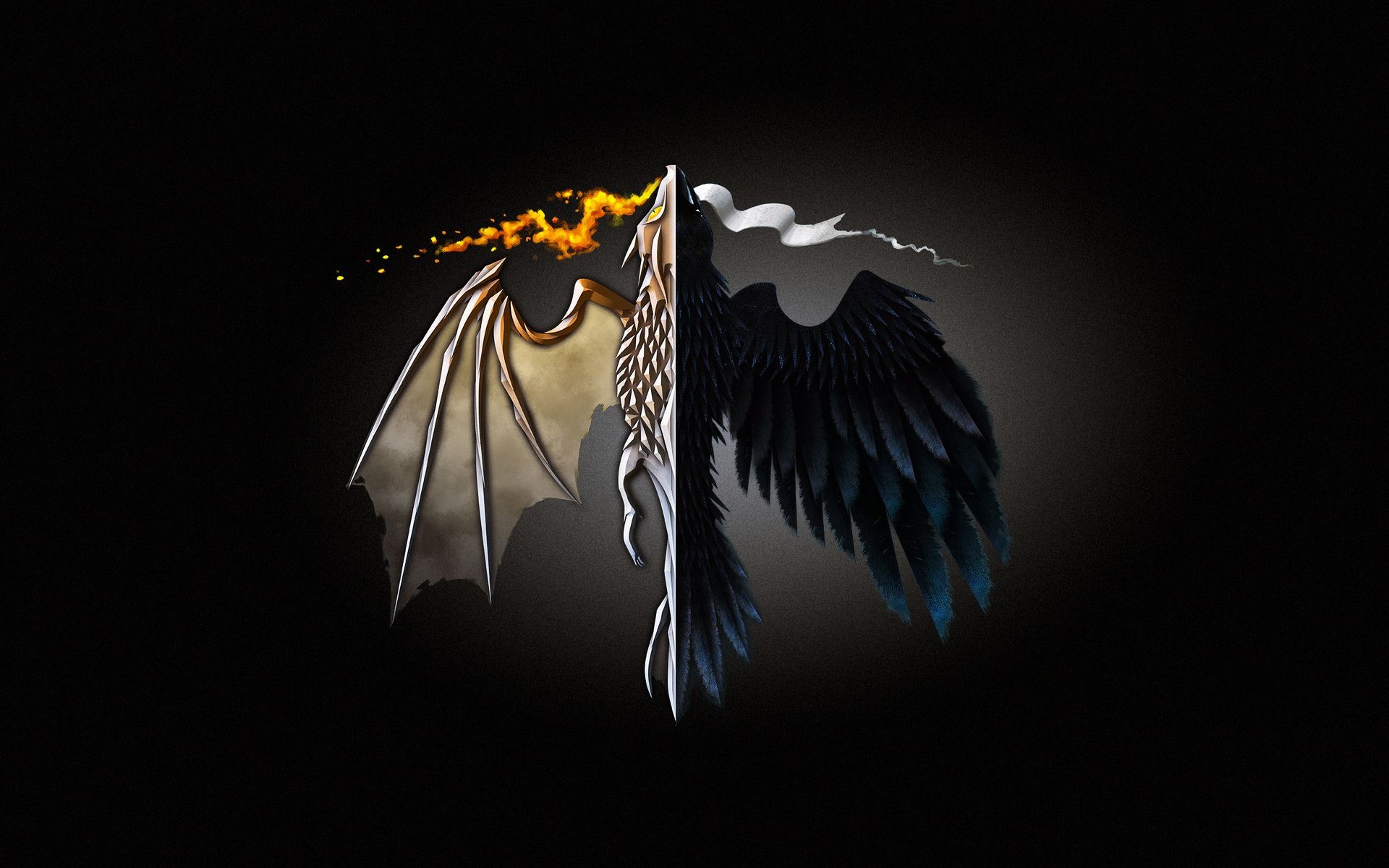 Drago e corvo, Il Trono di Spade, Ali, Sfondo nero, Full HD, wallpaper per portatile