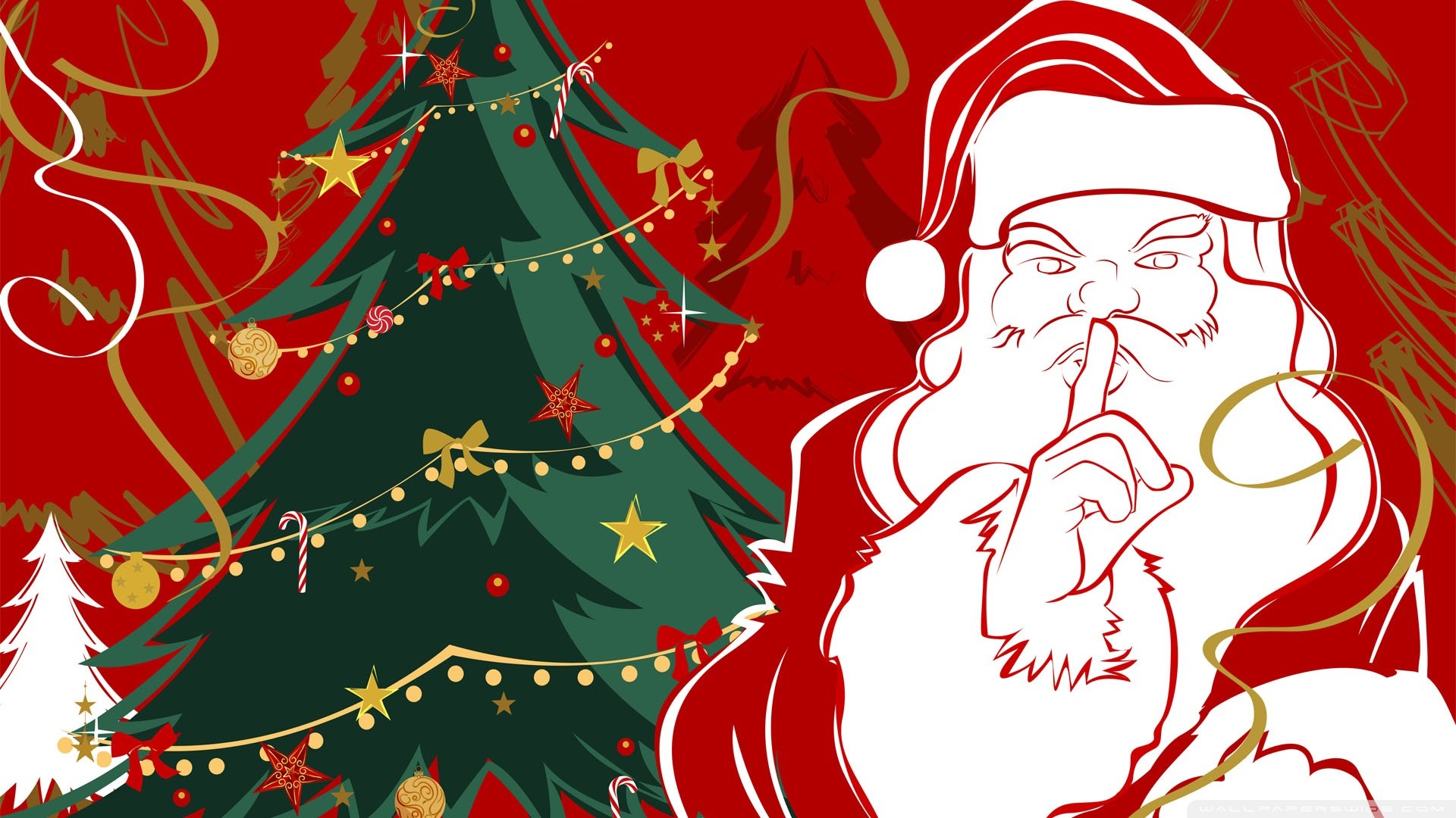 Babbo Natale, Albero di Natale, Illustrazione, Rosso, 1920x1080, sfondo per PC