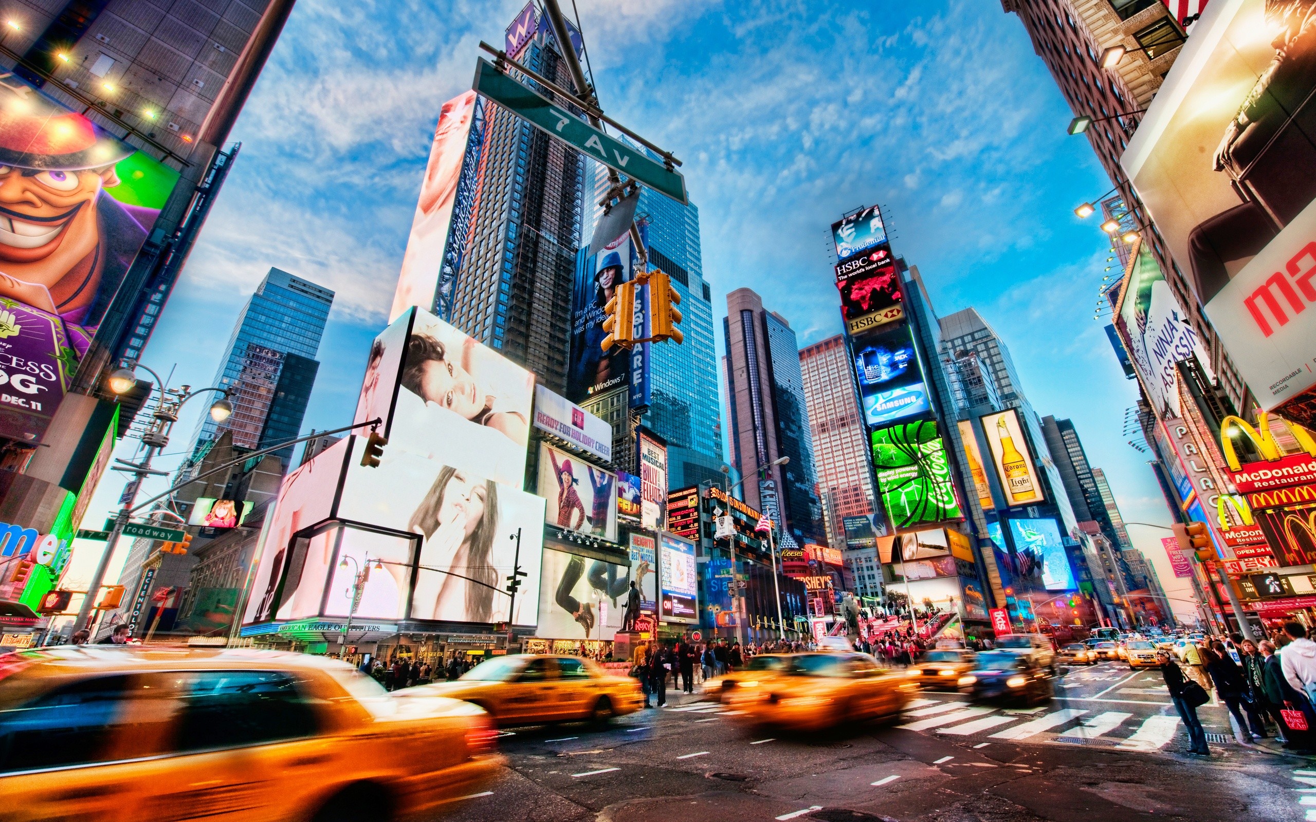 Times Square, Taxi gialli, Manhattan, Cartelloni, 2K, wallpaper desktop