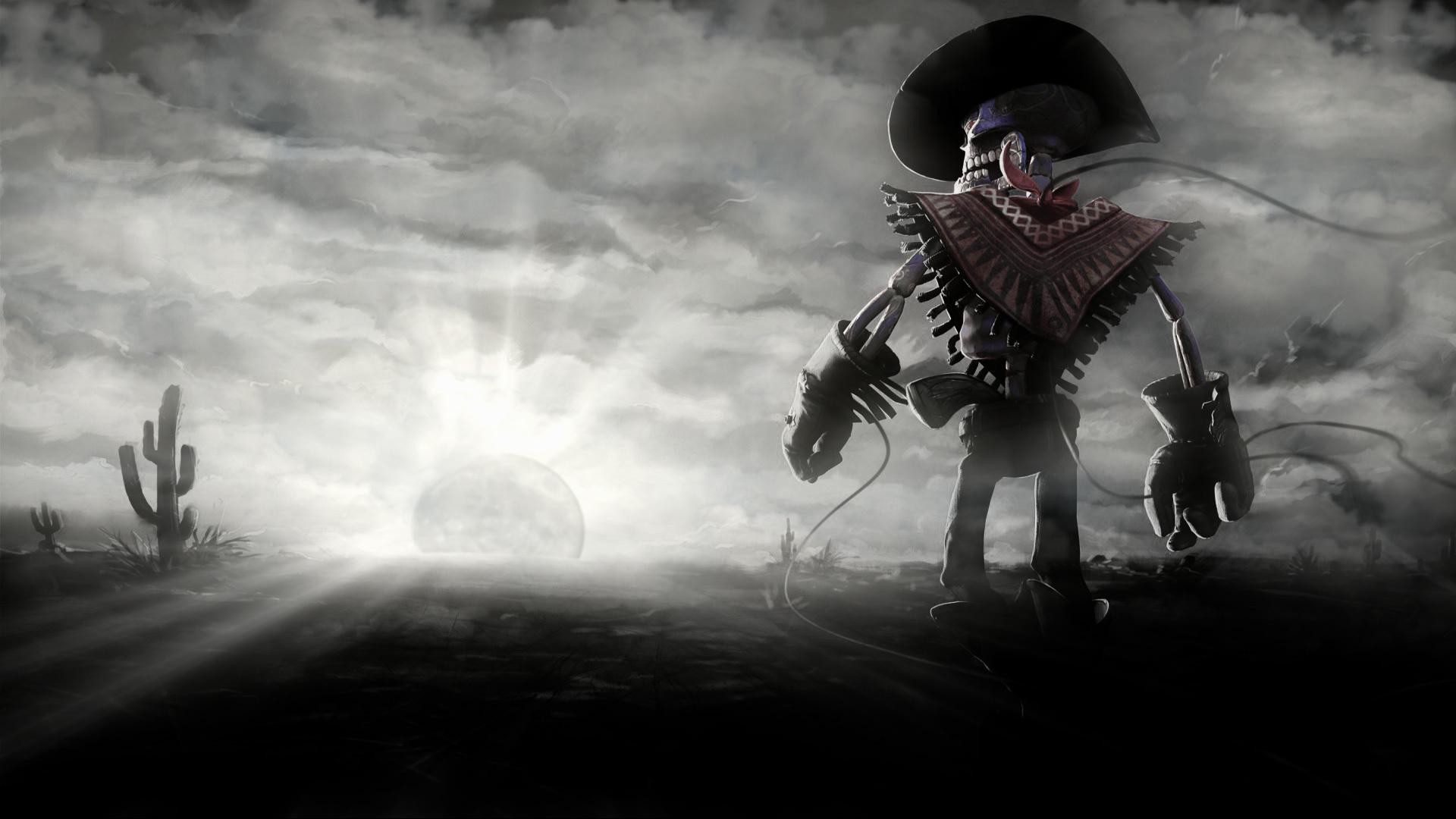 Scheletro con sombrero, Deserto, Cactus, Bianco e nero, Full HD, sfondo desktop