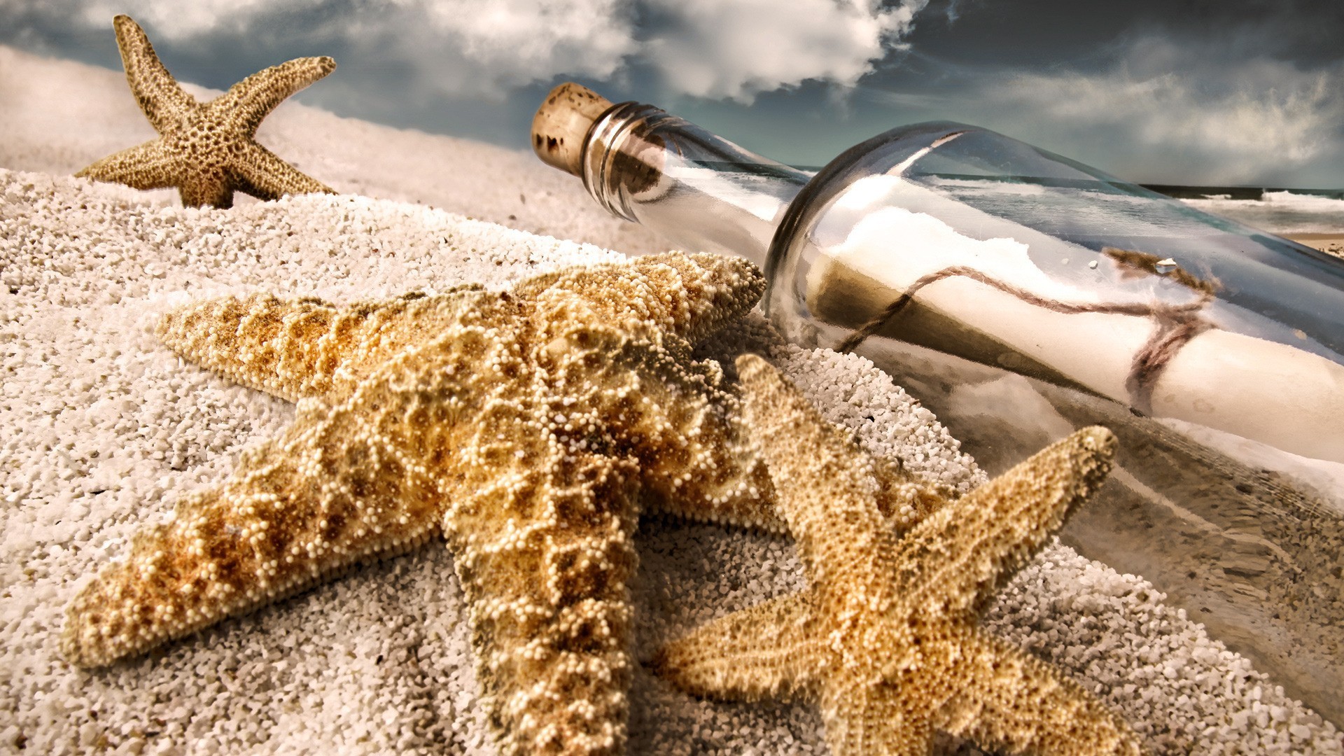 Stelle marine, Messaggio in bottiglia, Sabbia, 16:9 Full HD, sfondo widescreen