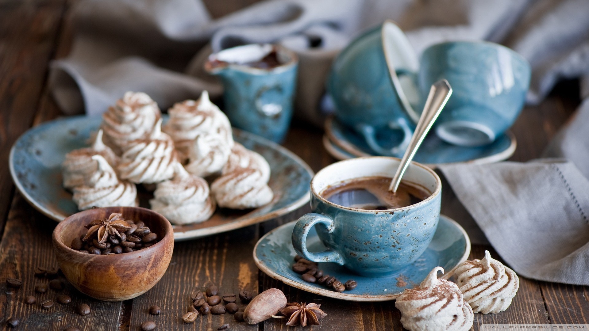Tazze di caffè, Meringhe, Tazze azzurre, Natura morta, 16:9 Full HD, sfondo widescreen