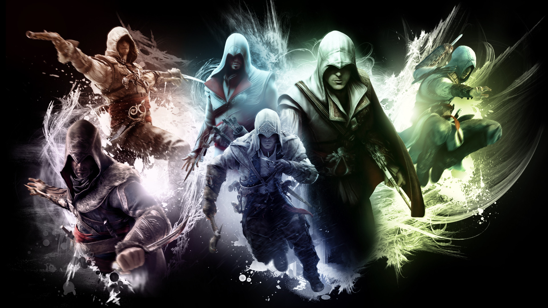 Assassin's Creed, Assassini, Arte digitale, Fumo, Sfondo nero, Full HD, wallpaper per portatile