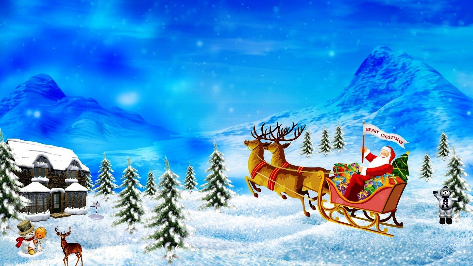 Slitta di Babbo Natale, Renne, Paesaggio innevato, Baita, Montagne, sfondo widescreen Full HD