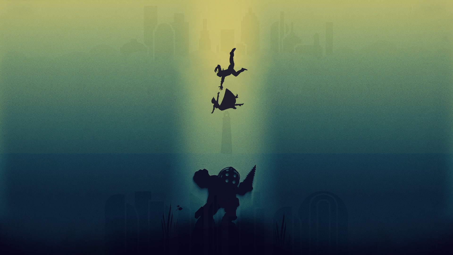 Booker DeWitt, Elizabeth, Big Daddy, BioShock, Silhouette, 1920x1080, immagine di sfondo