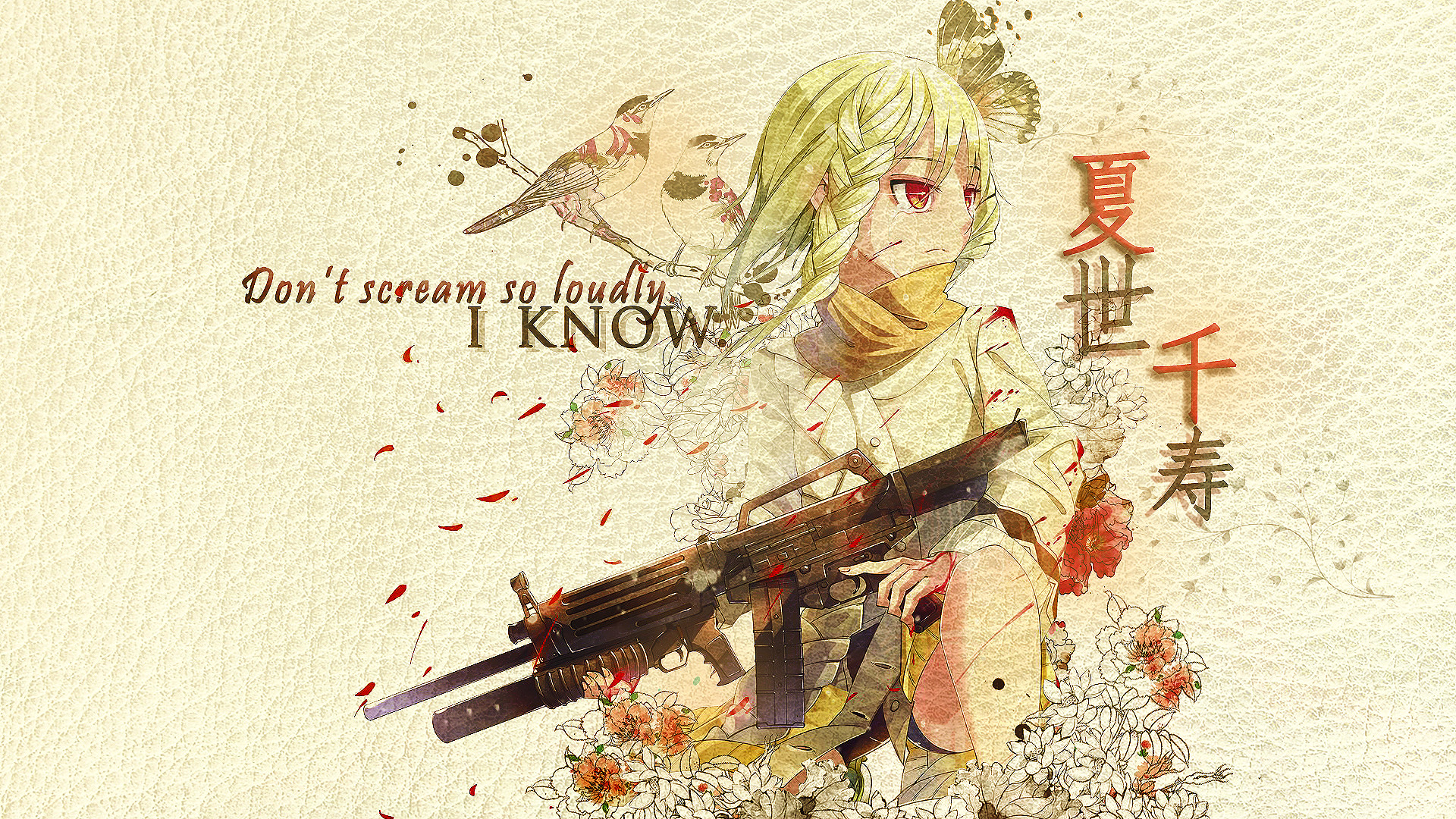 Ragazza anime, Kanji, Fucile, Fiori, Acquerello, Full HD, sfondo per PC e portatile
