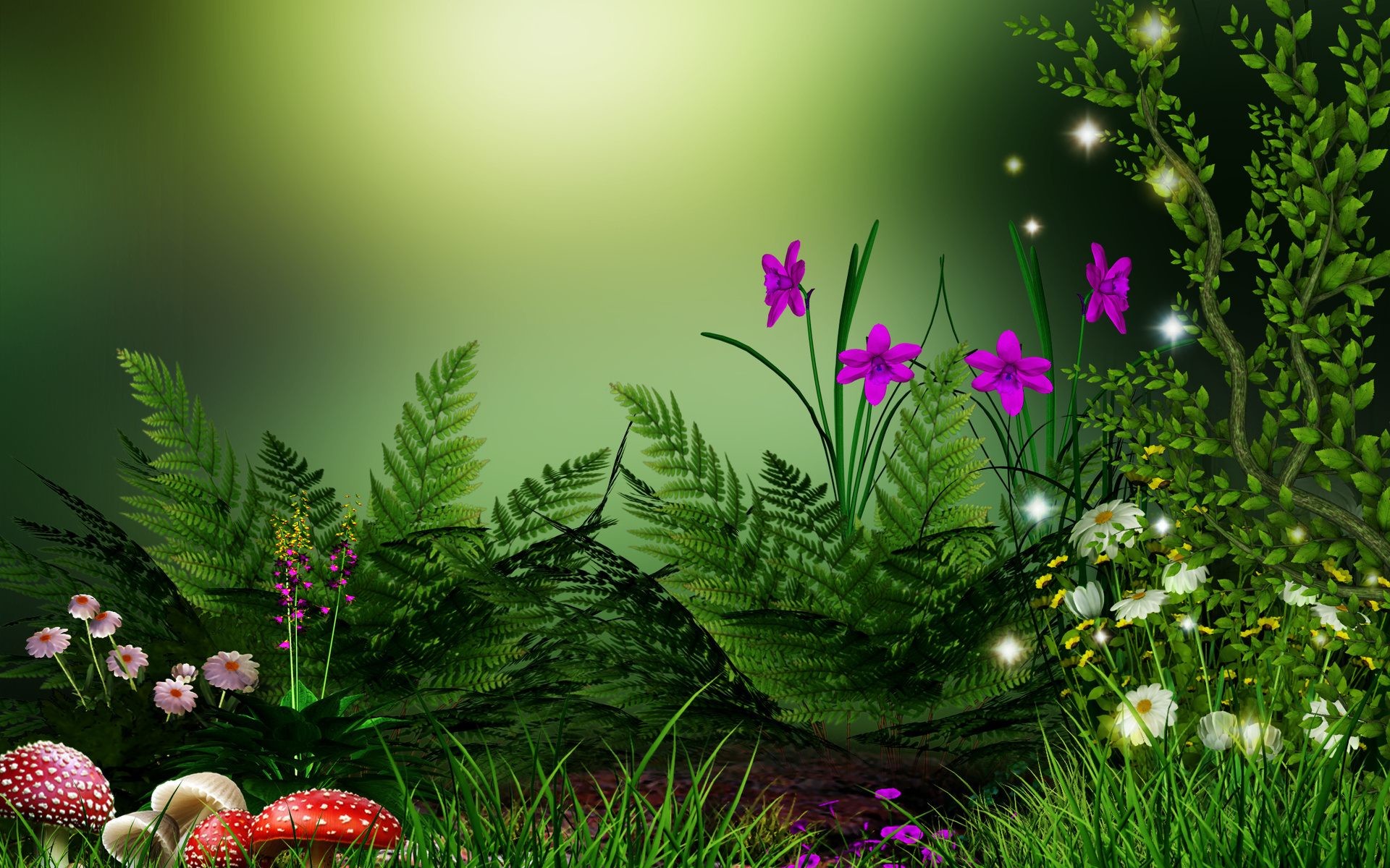 Felci, Fiori viola, Funghi, Arte digitale, 1920x1200, sfondo per PC