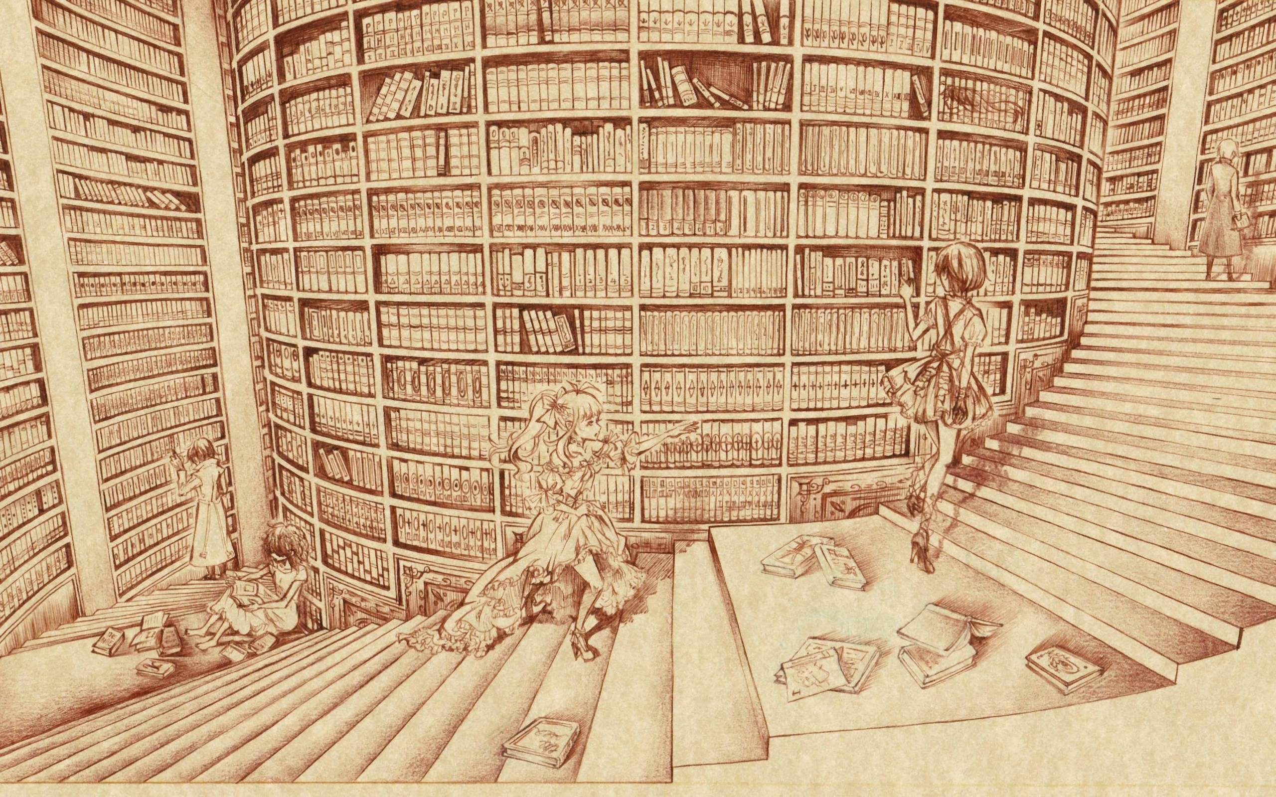 Biblioteca, Scalinata, Disegno, Seppia, 2560x1599, sfondo MacBook Pro