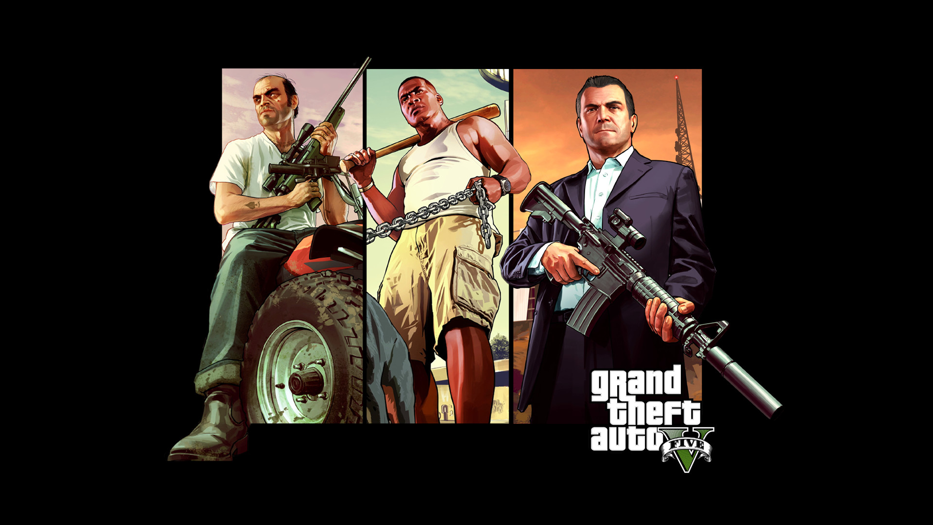 Trevor Philips, Franklin Clinton, Michael De Santa, Grand Theft Auto V, Sfondo nero, wallpaper desktop