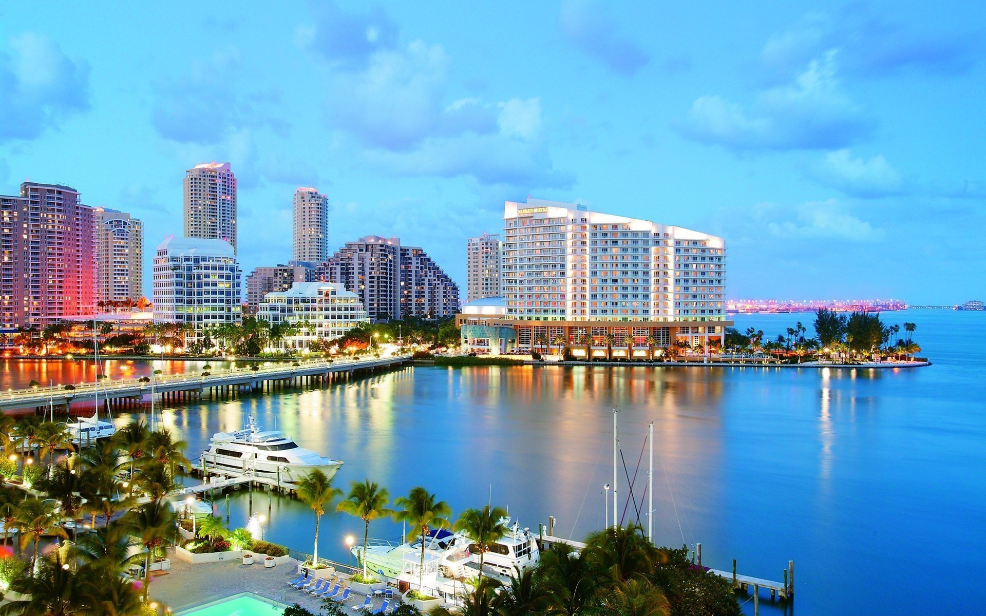 Brickell Key, Miami, Biscayne Bay, Crepuscolo, 16:10 Full HD, sfondo widescreen