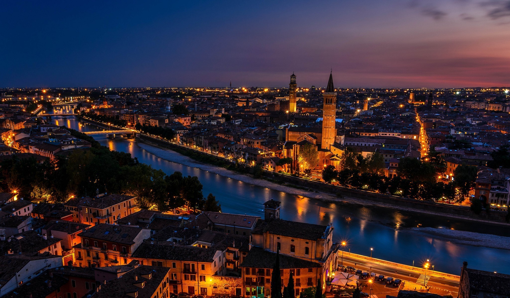 Verona, Adige, Veneto, Italia, Notte, Full HD, sfondo per PC