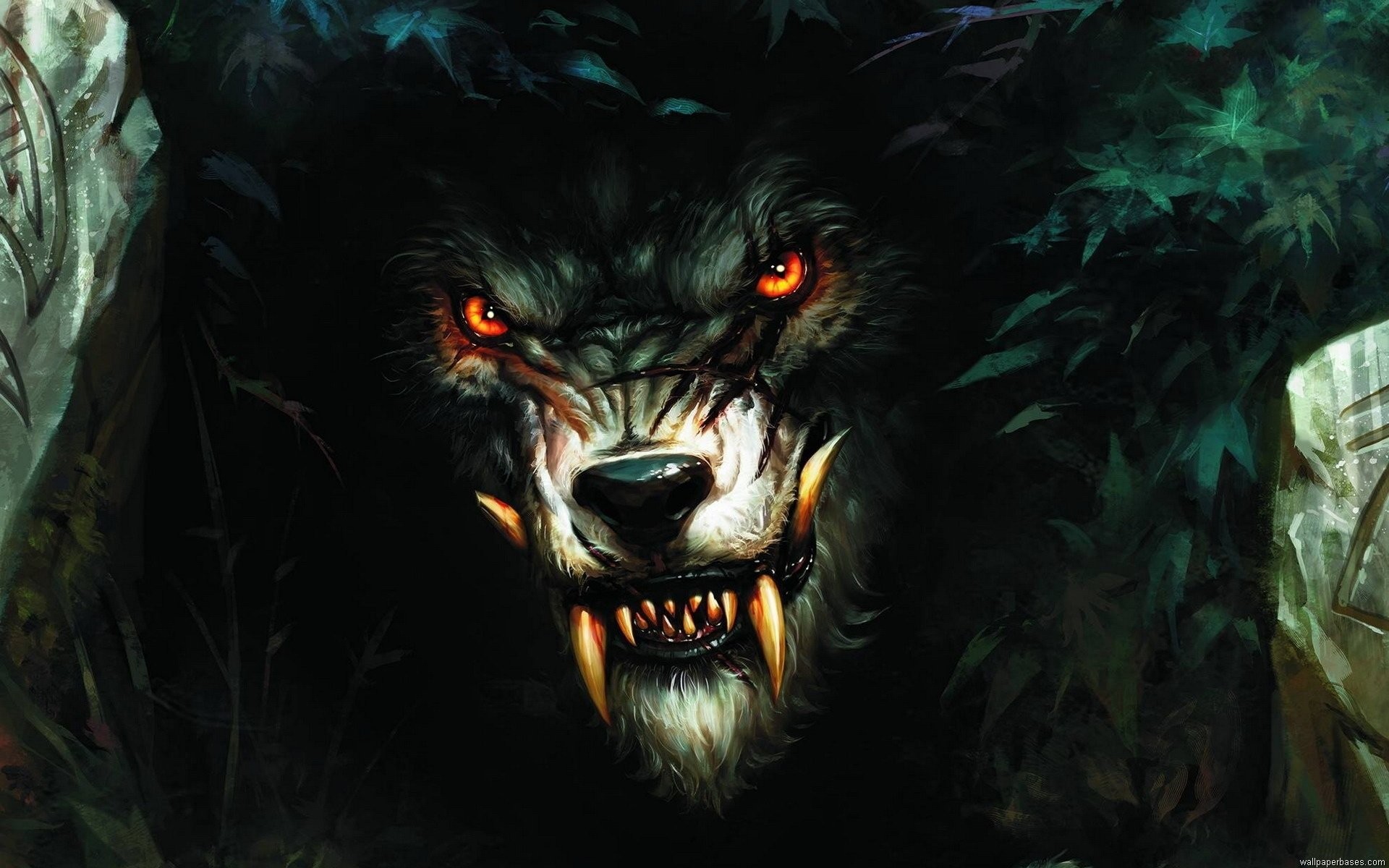 Lupo mannaro, Occhi rossi, Zanne, Foresta, Arte digitale, 1920x1200, sfondo per PC