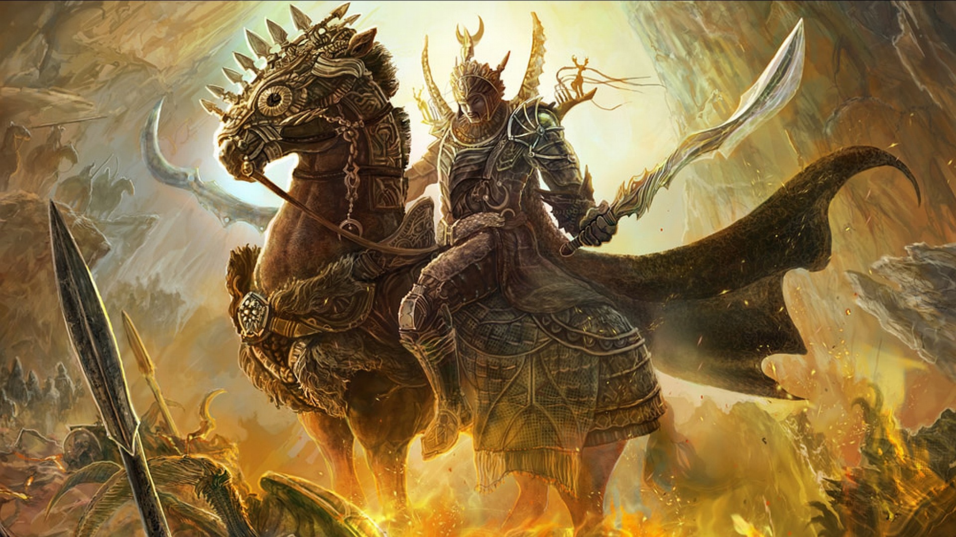 Cavaliere, Cavallo corazzato, Spada, Toni dorati, 1920x1080, sfondo per PC