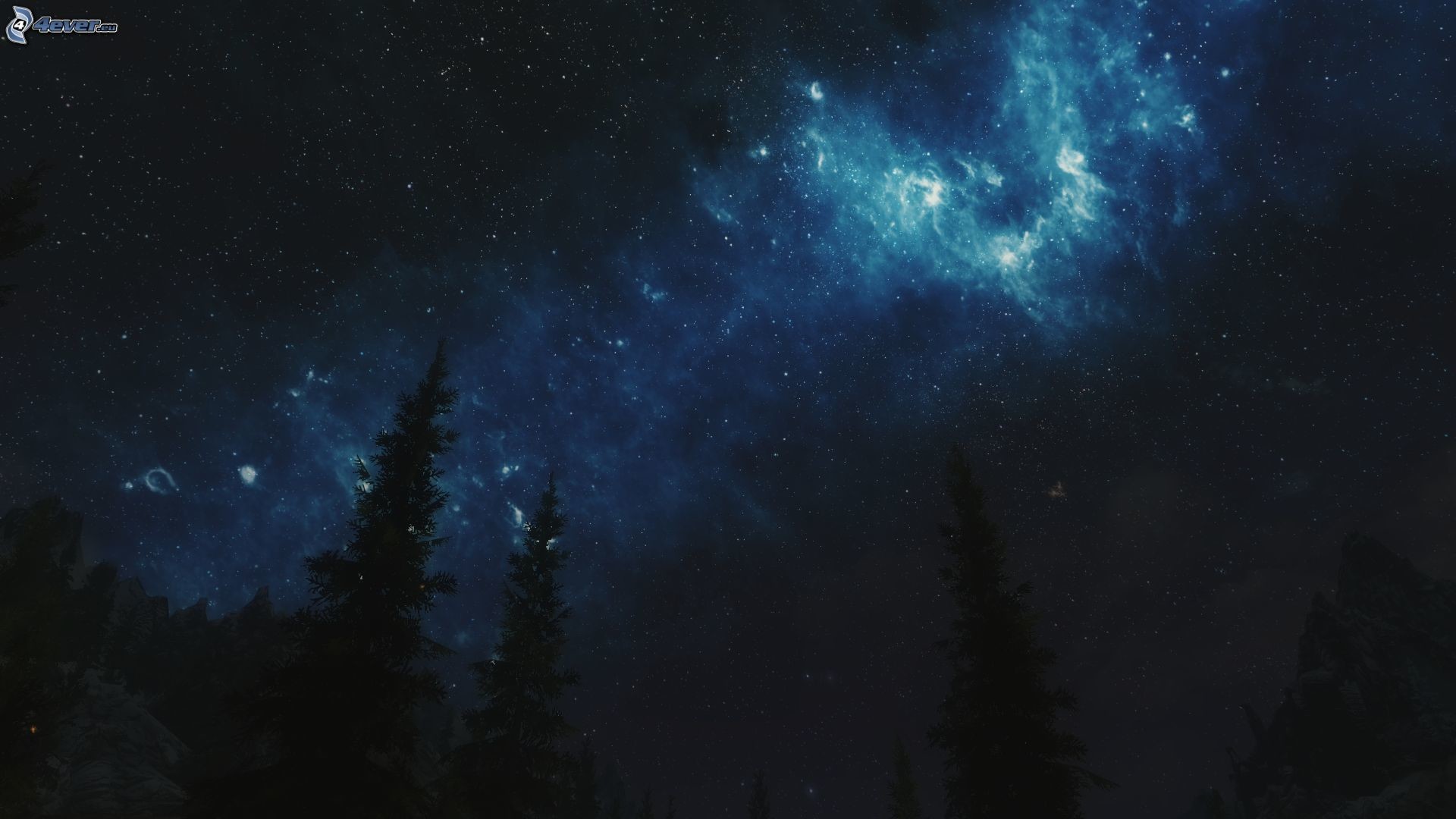 Cielo stellato, Nebulosa, Abeti, Silhouette, Full HD, sfondo per portatile