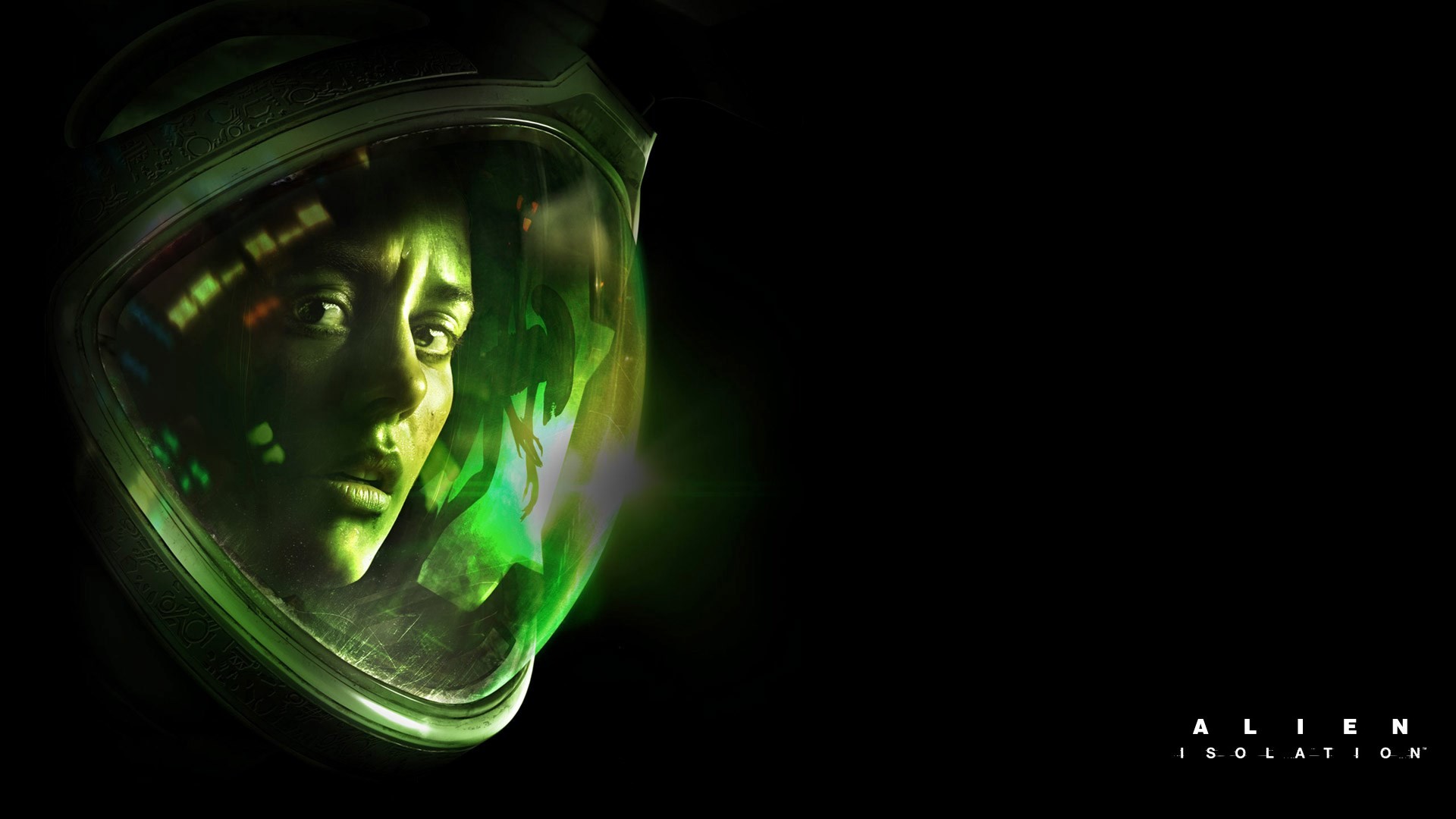 Alien: Isolation, Amanda Ripley, Casco, Luce verde, Sfondo nero, wallpaper desktop Full HD