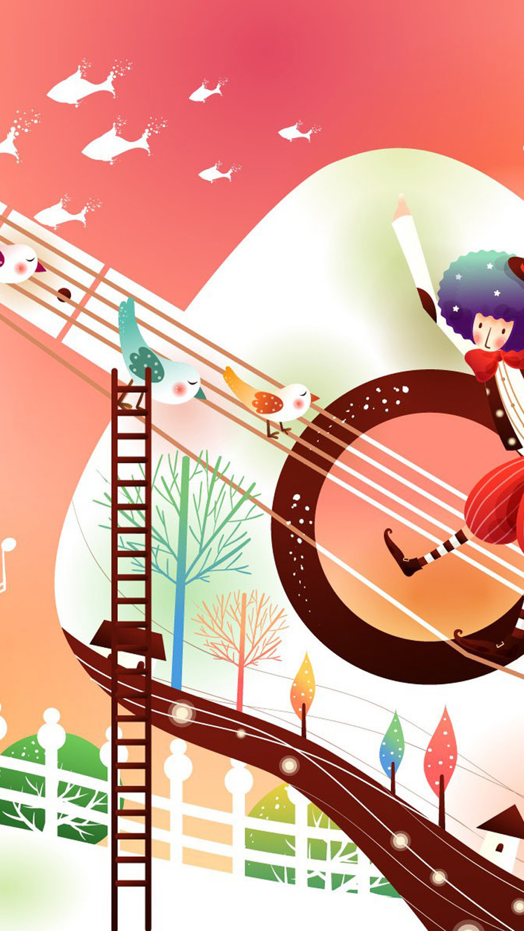 Illustrazione, Ragazza, Strumento, Pesci, Colori vivaci, Full HD, sfondo per smartphone