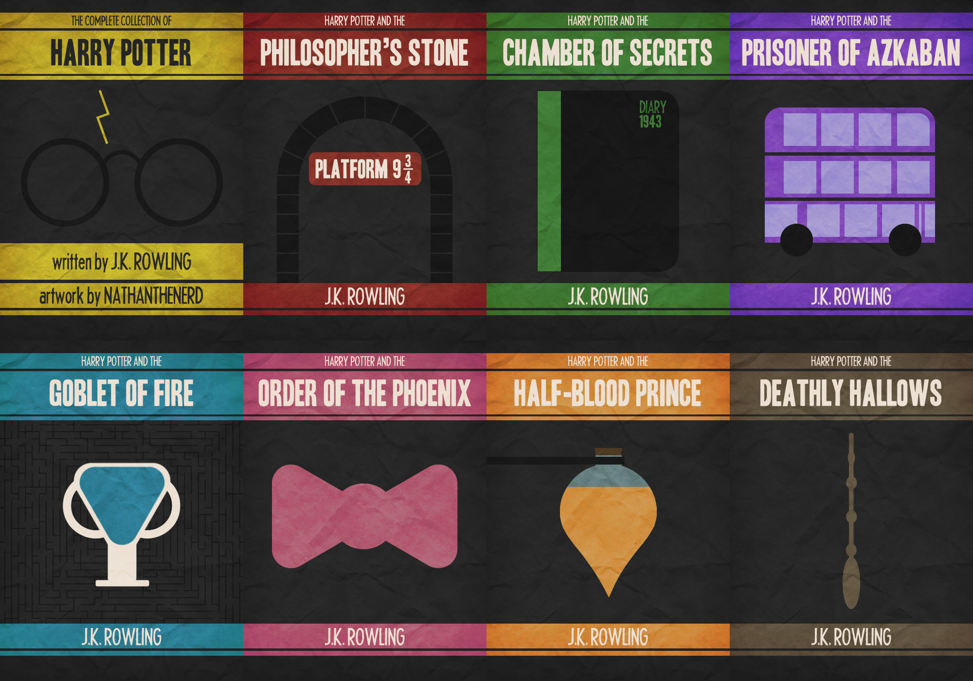 Harry Potter, Saga completa, Poster minimalista, J. K. Rowling, Full HD, wallpaper per computer
