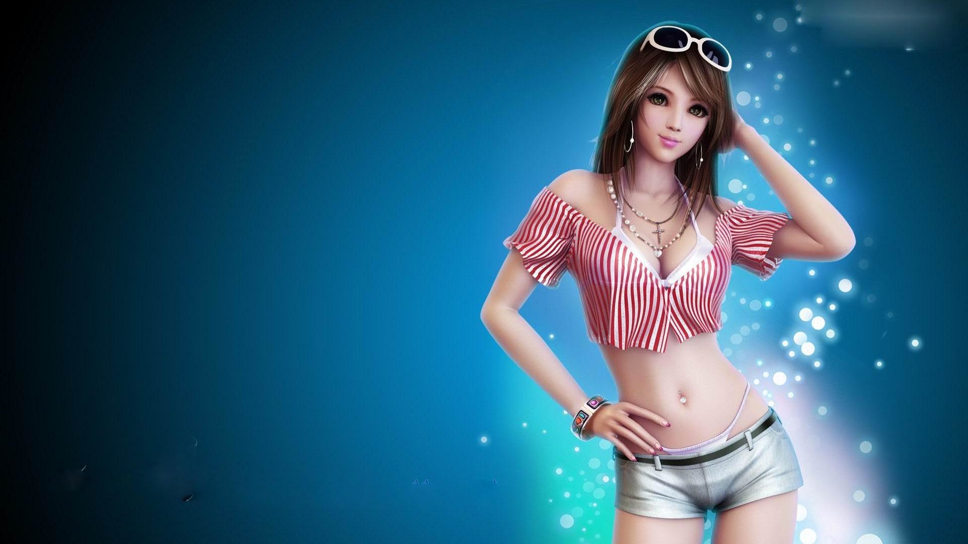 Ragazza 3D, Arte digitale, Shorts, Sfondo blu, Full HD, wallpaper per portatile