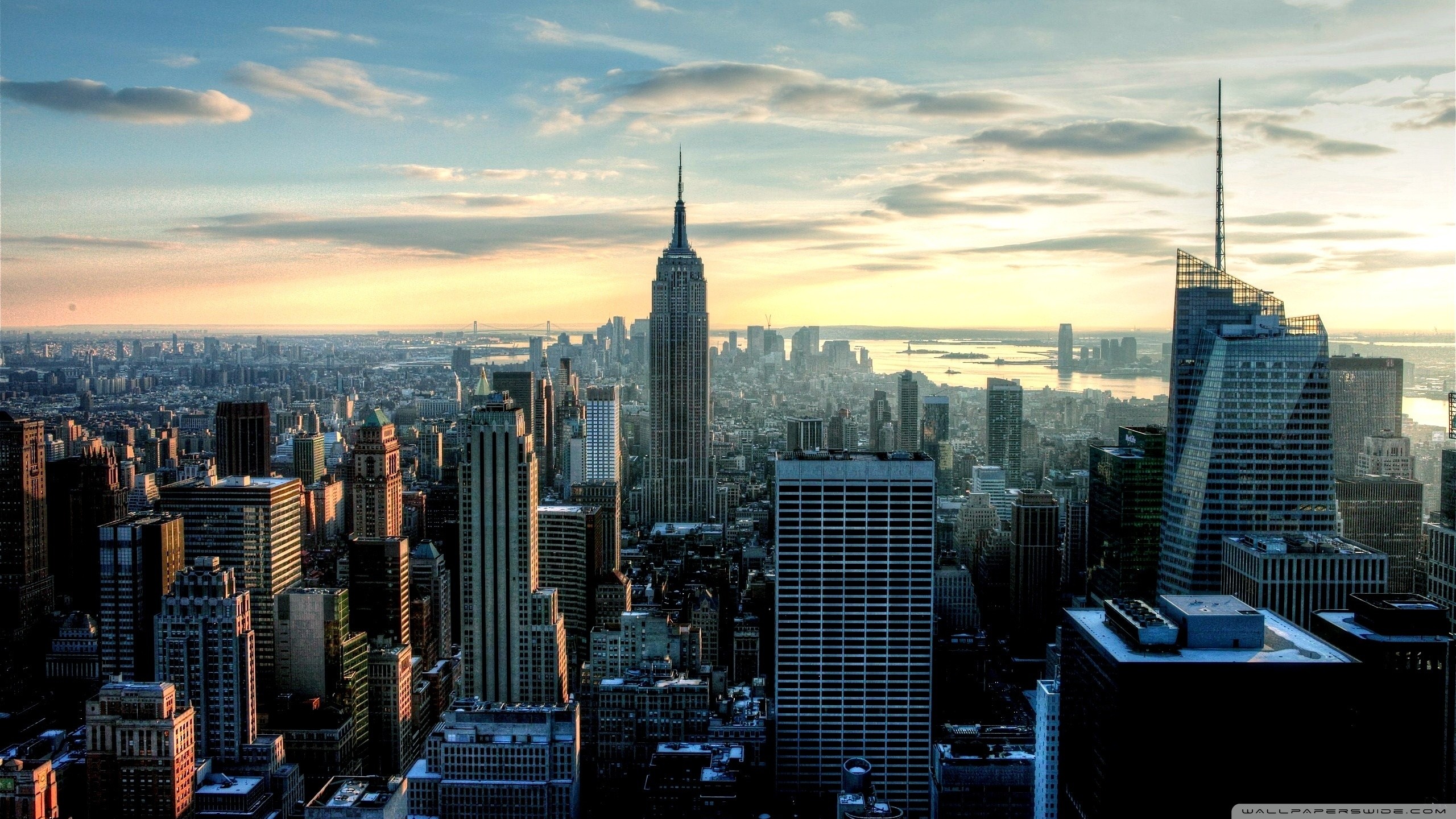 Empire State Building, Manhattan, New York, Skyline, Tramonto, 2K, sfondo per portatile