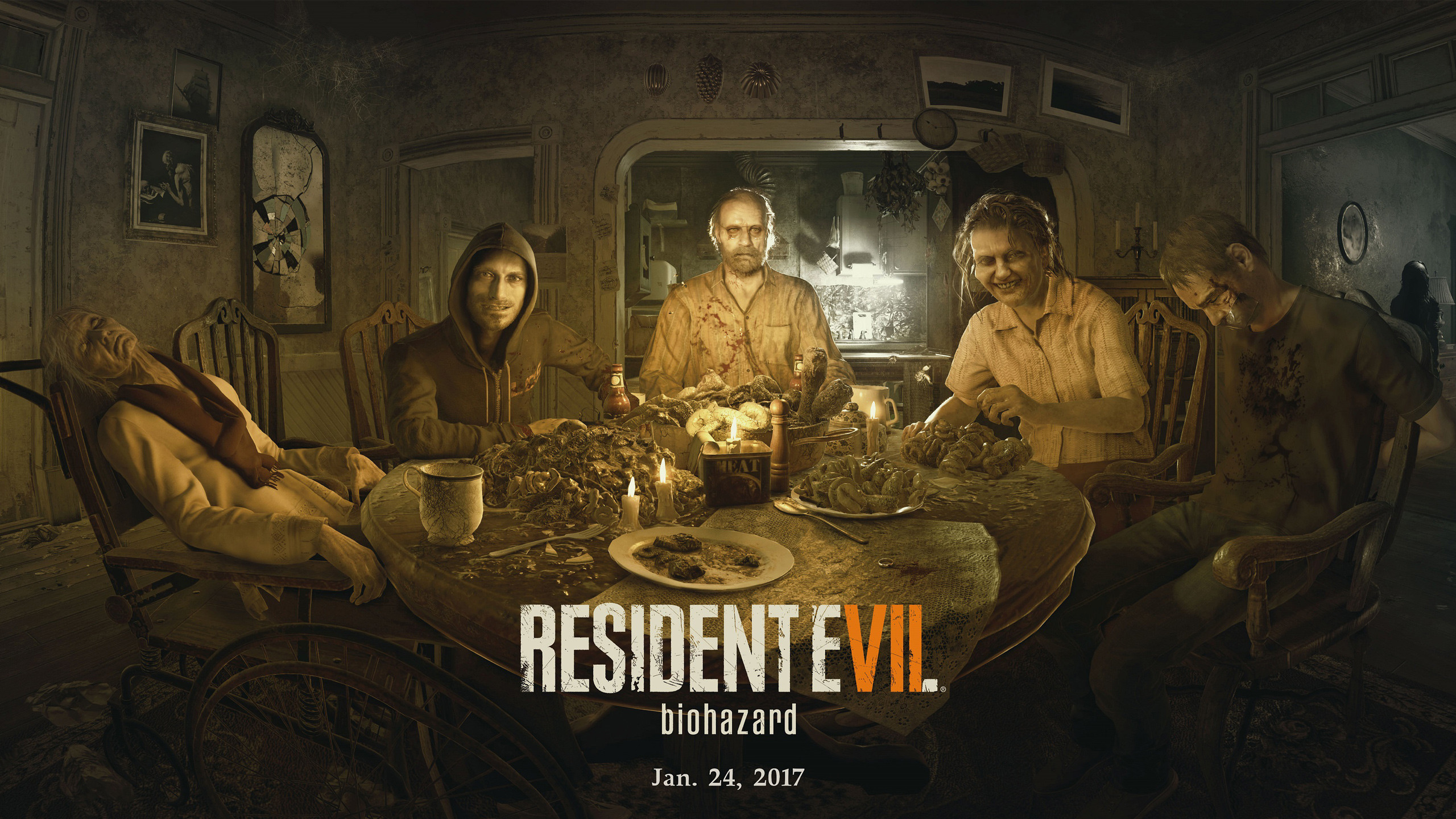 Resident Evil 7: Biohazard, Famiglia Baker, Cena, Logo, Horror, 2K, sfondo per portatile
