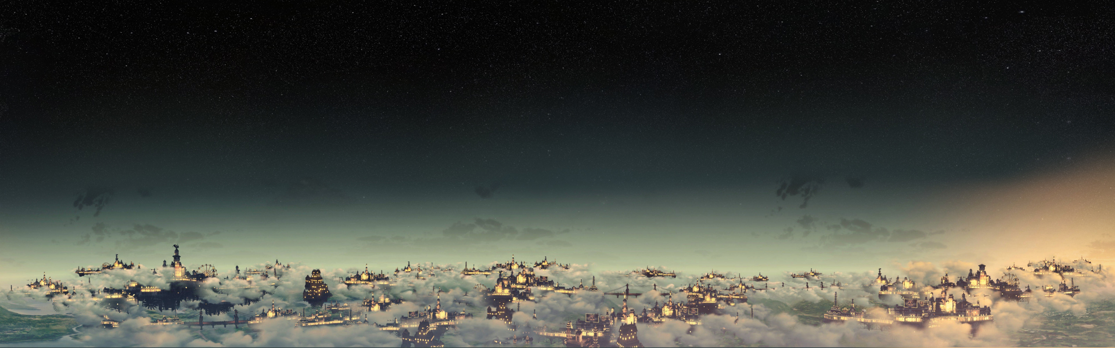 Città sopra le nuvole, Fantasy, Nuvole, Panorama, Crepuscolo, Full HD, sfondo desktop