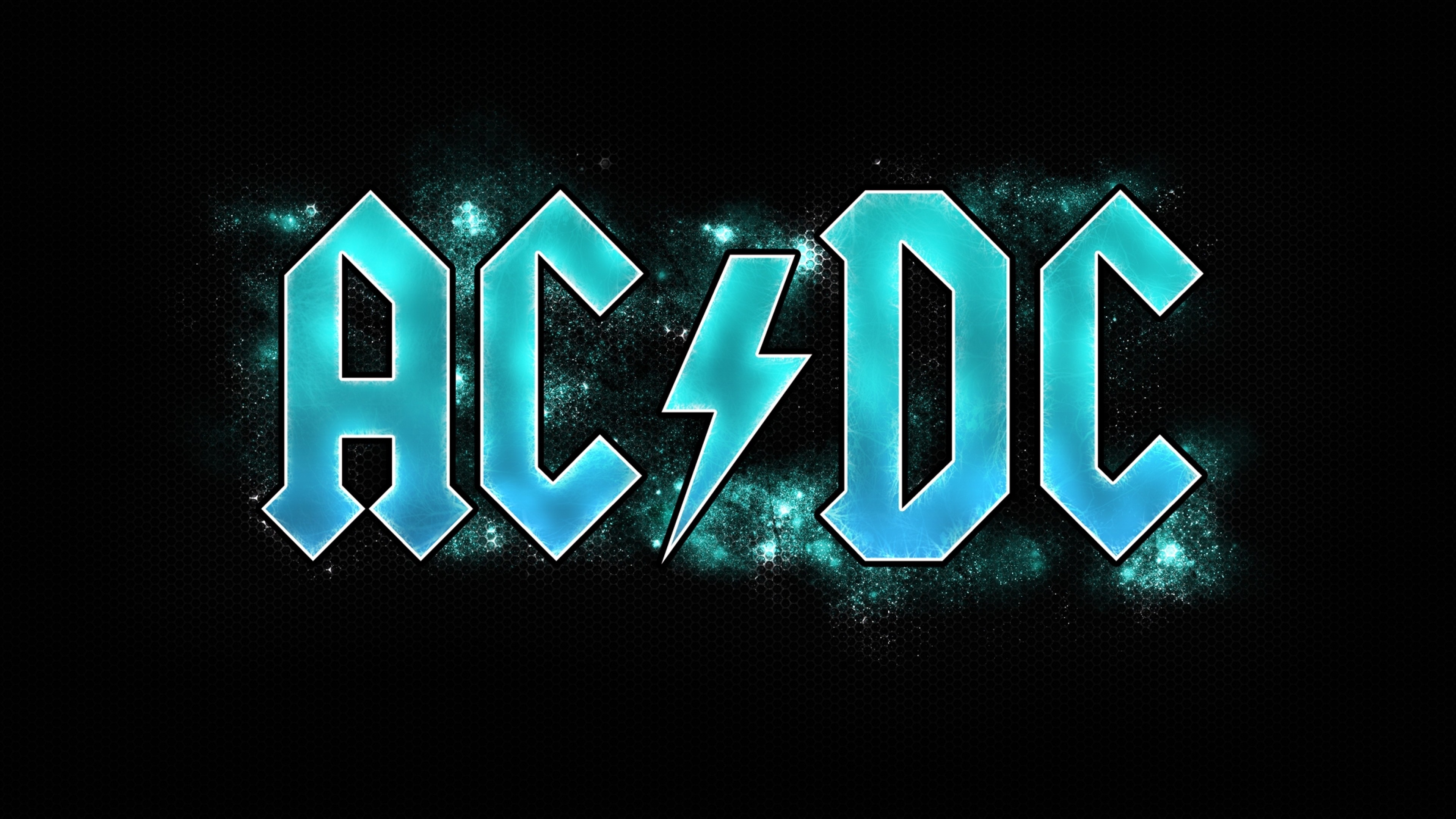 Logo AC/DC, AC/DC, Azzurro, Sfondo nero, 4K, wallpaper desktop