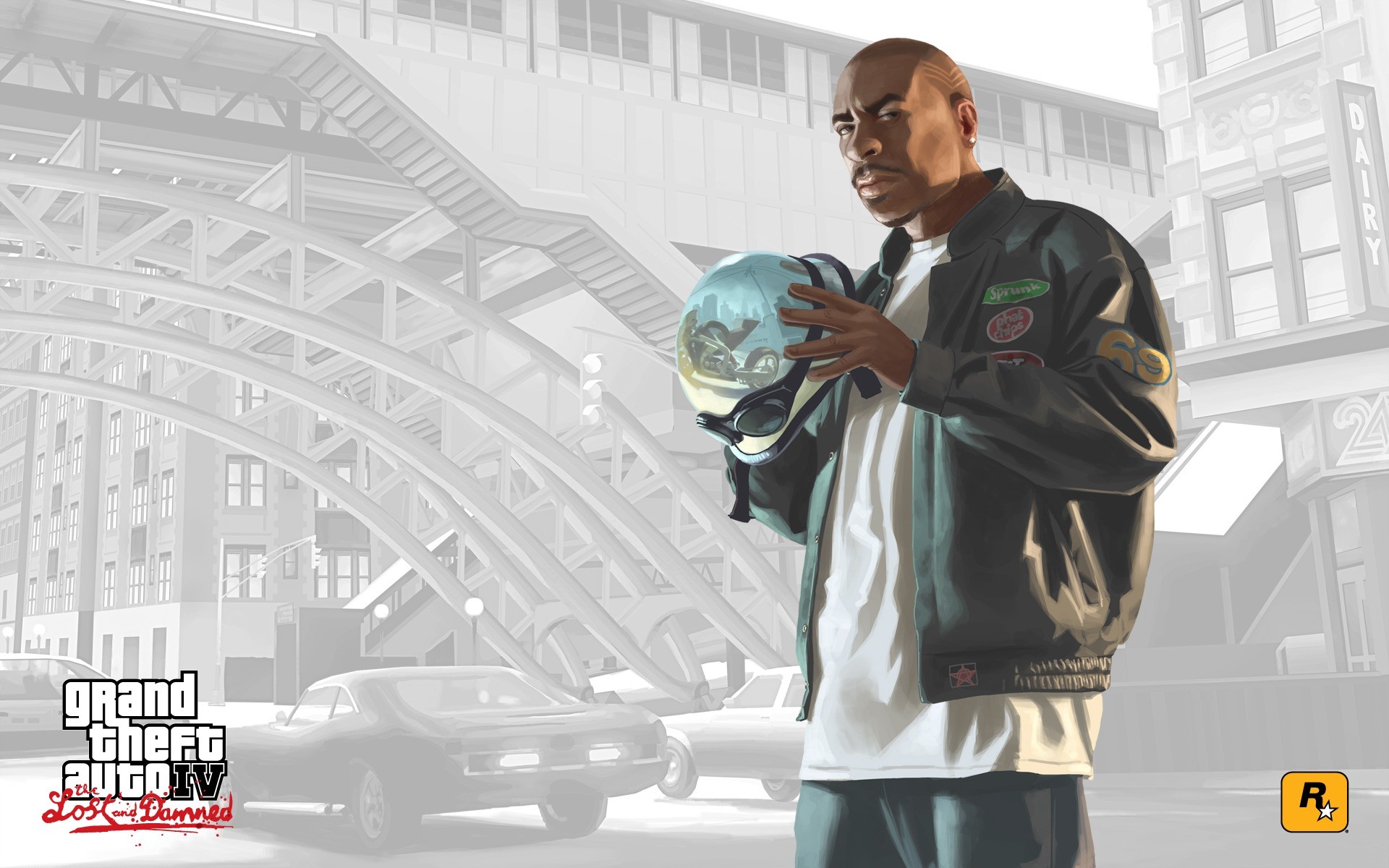 Grand Theft Auto IV: The Lost and Damned, Personaggio, Logo, Bianco e nero, sfondo 1920x1200 per PC