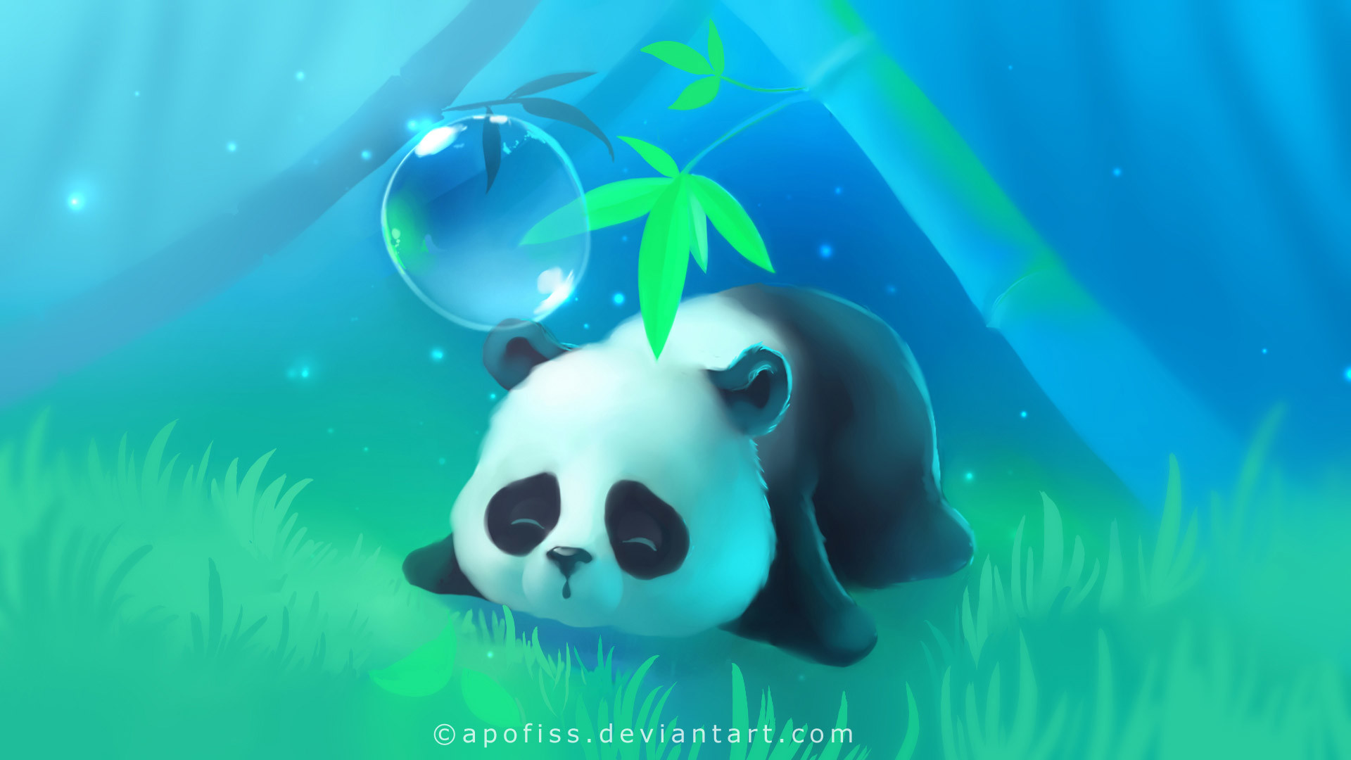Panda, Apofiss, Bolla di sapone, Illustrazione, Azzurro, 16:9 Full HD, sfondo widescreen